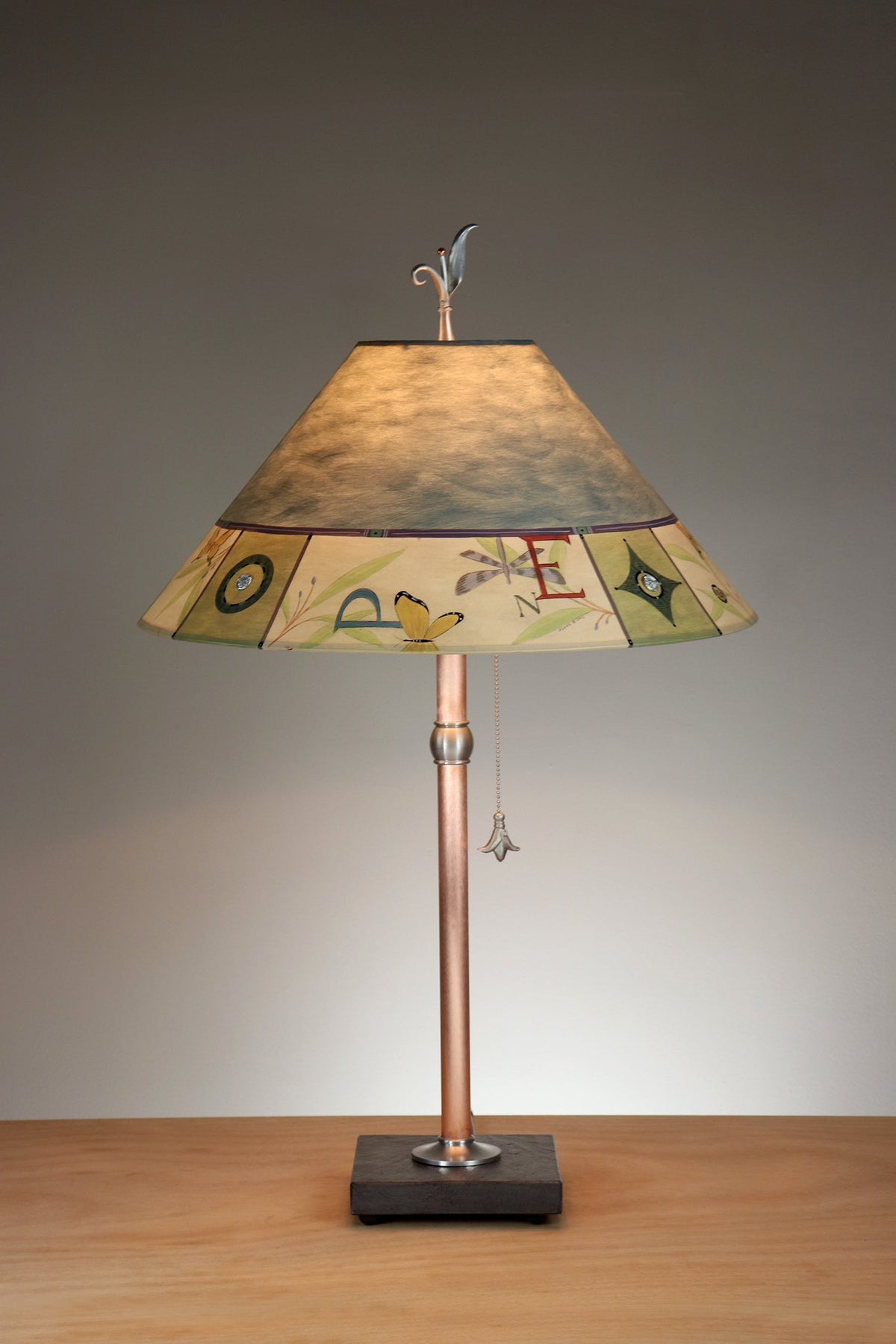 Janna Ugone &amp; Co Table Lamp Copper Table Lamp with Large Conical Shade in Typography in Teal