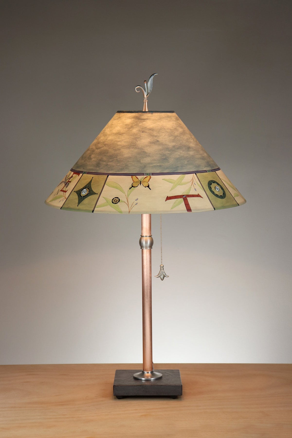 Janna Ugone &amp; Co Table Lamp Copper Table Lamp with Large Conical Shade in Typography in Teal