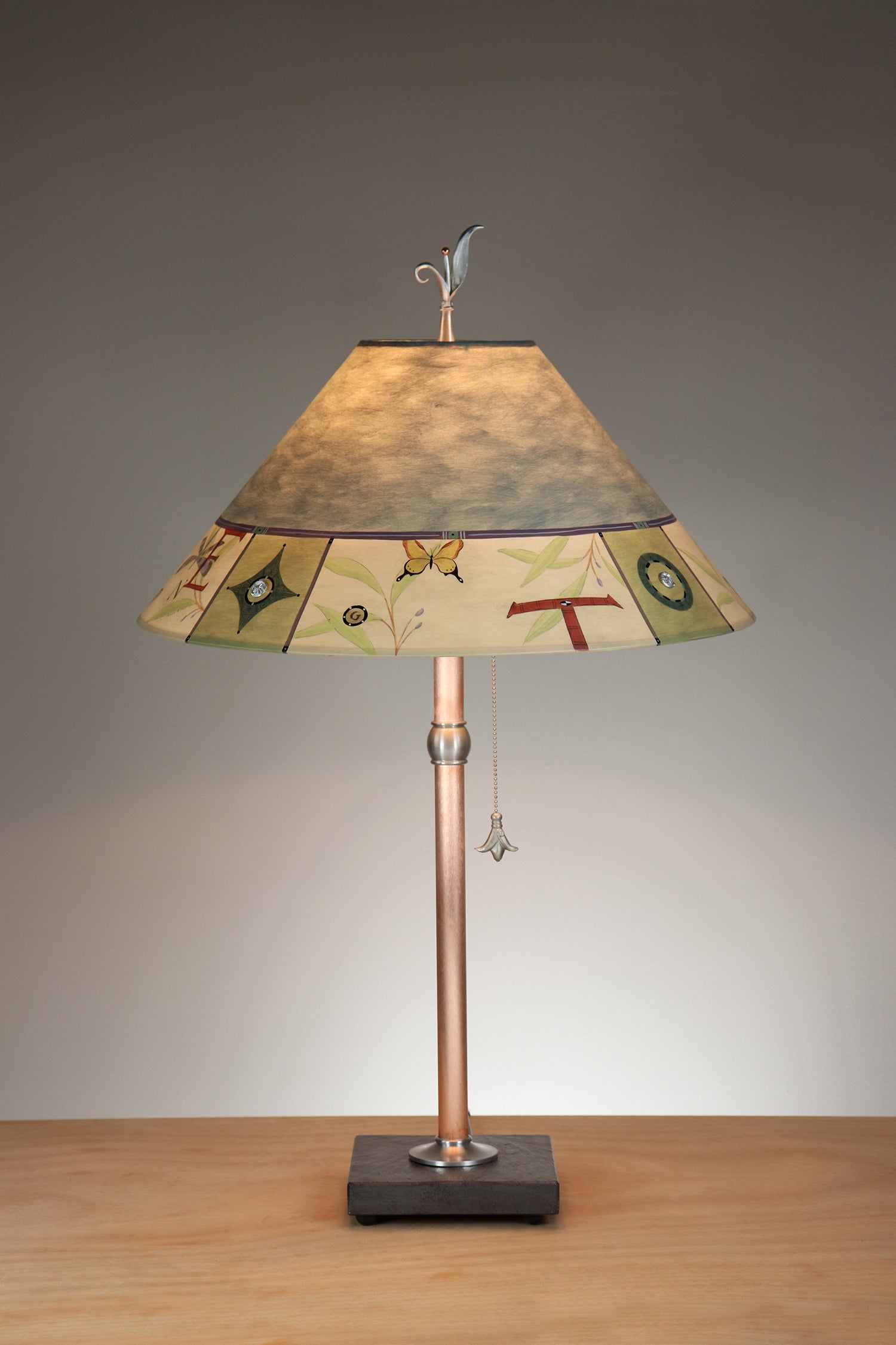 Janna Ugone & Co Table Lamp Copper Table Lamp with Large Conical Shade in Typography in Teal