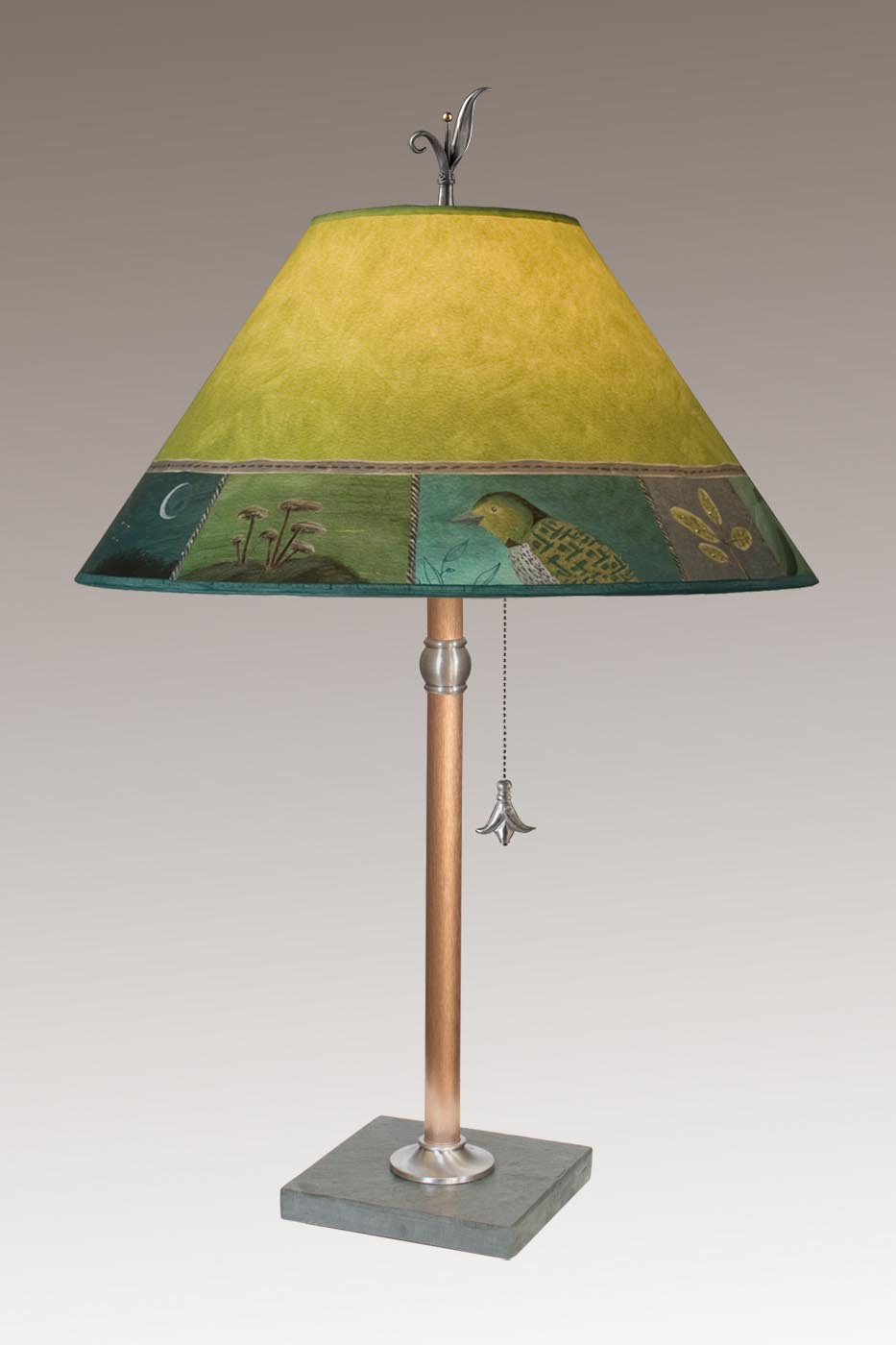 Copper Table Lamp with Large Conical Shade in Woodland Trails in Leaf