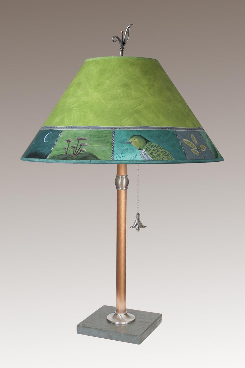 Janna Ugone &amp; Co Table Lamp Copper Table Lamp with Large Conical Shade in Woodland Trails in Leaf
