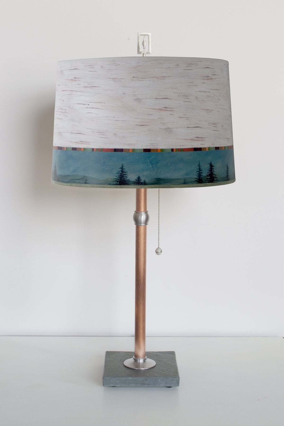 Copper Table Lamp with Large Drum Shade in Birch Midnight