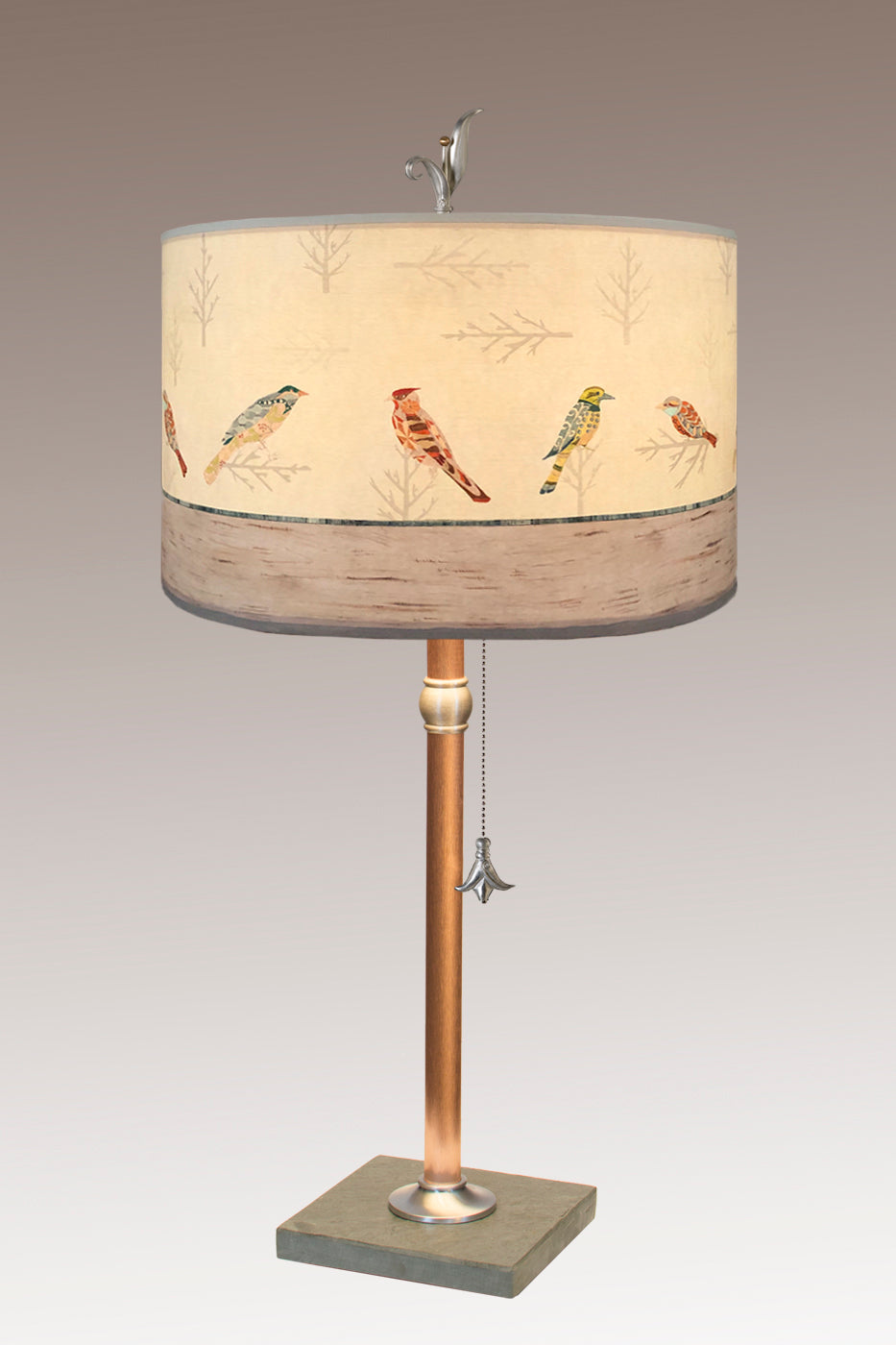 Janna Ugone &amp; Co Table Lamps Copper Table Lamp with Large Drum Shade in Bird Friends