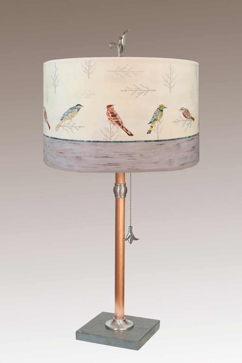 Janna Ugone &amp; Co Table Lamps Copper Table Lamp with Large Drum Shade in Bird Friends