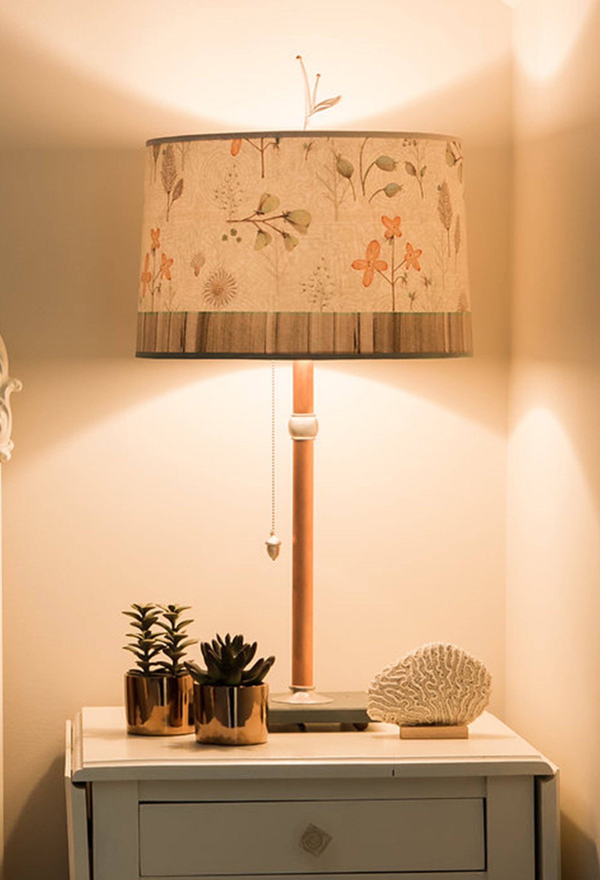 Copper Table Lamp with Large Drum Shade in Flora and Maze