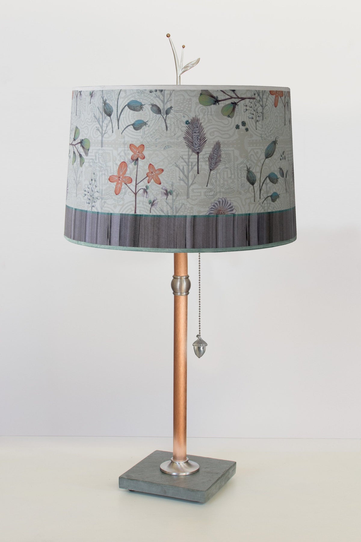 Copper Table Lamp with Large Drum Shade in Flora and Maze