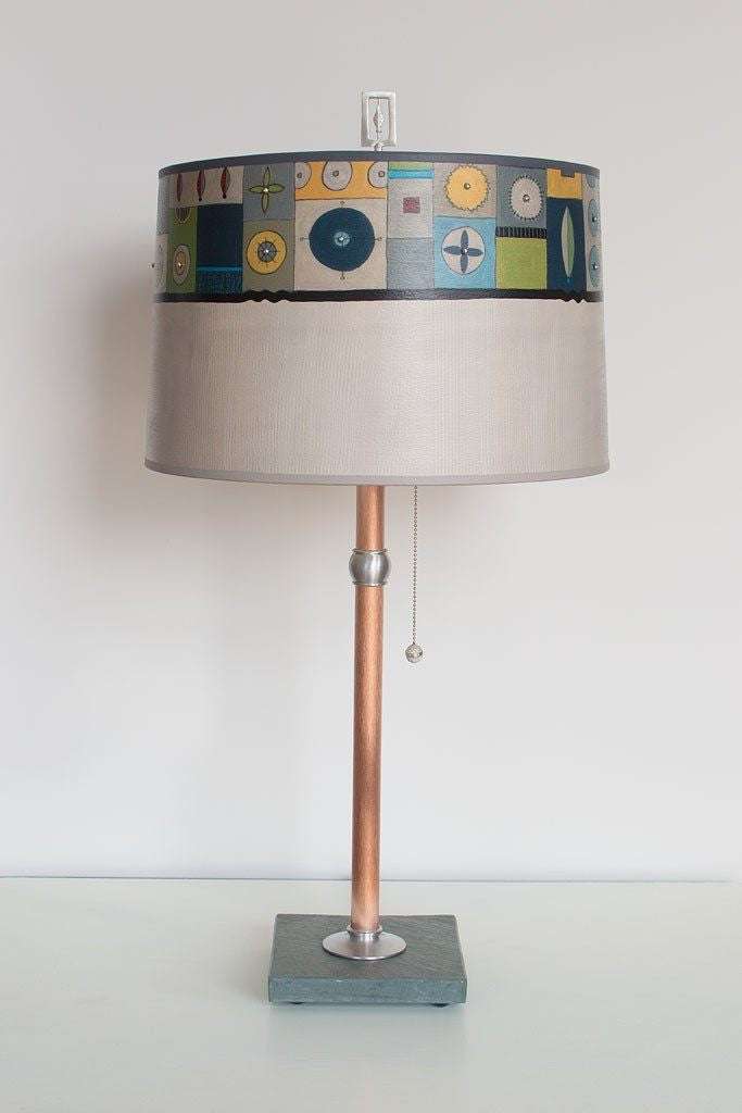 Janna Ugone &amp; Co Table Lamps Copper Table Lamp with Large Drum Shade in Lucky Mosaic Oyster