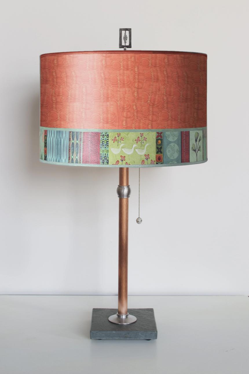 Janna Ugone & Co Table Lamps Copper Table Lamp with Large Drum Shade in Melody in Coral