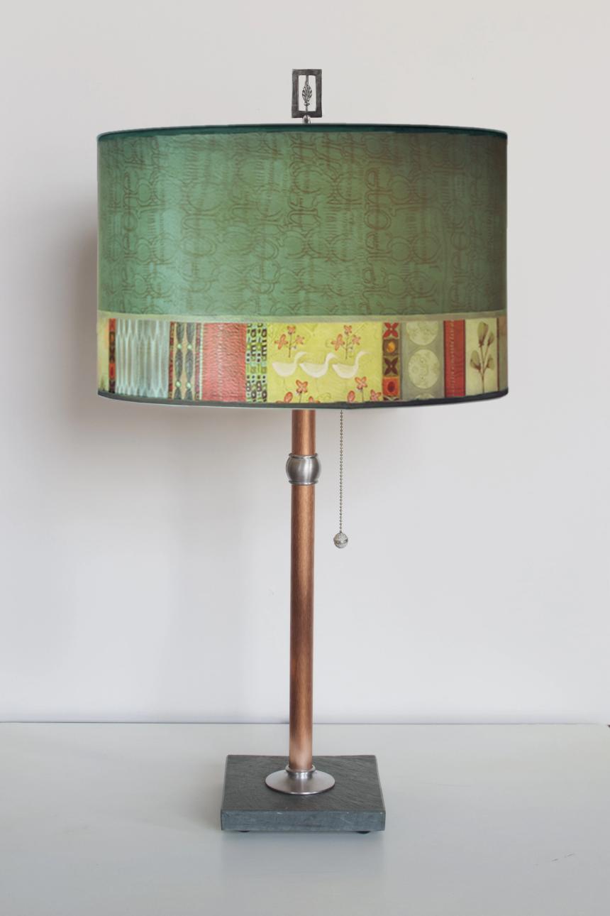 Janna Ugone &amp; Co Table Lamps Copper Table Lamp with Large Drum Shade in Melody in Jade