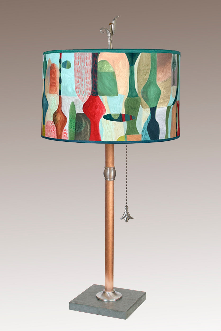 Janna Ugone & Co Table Lamp Copper Table Lamp with Large Drum Shade in Riviera in Poppy