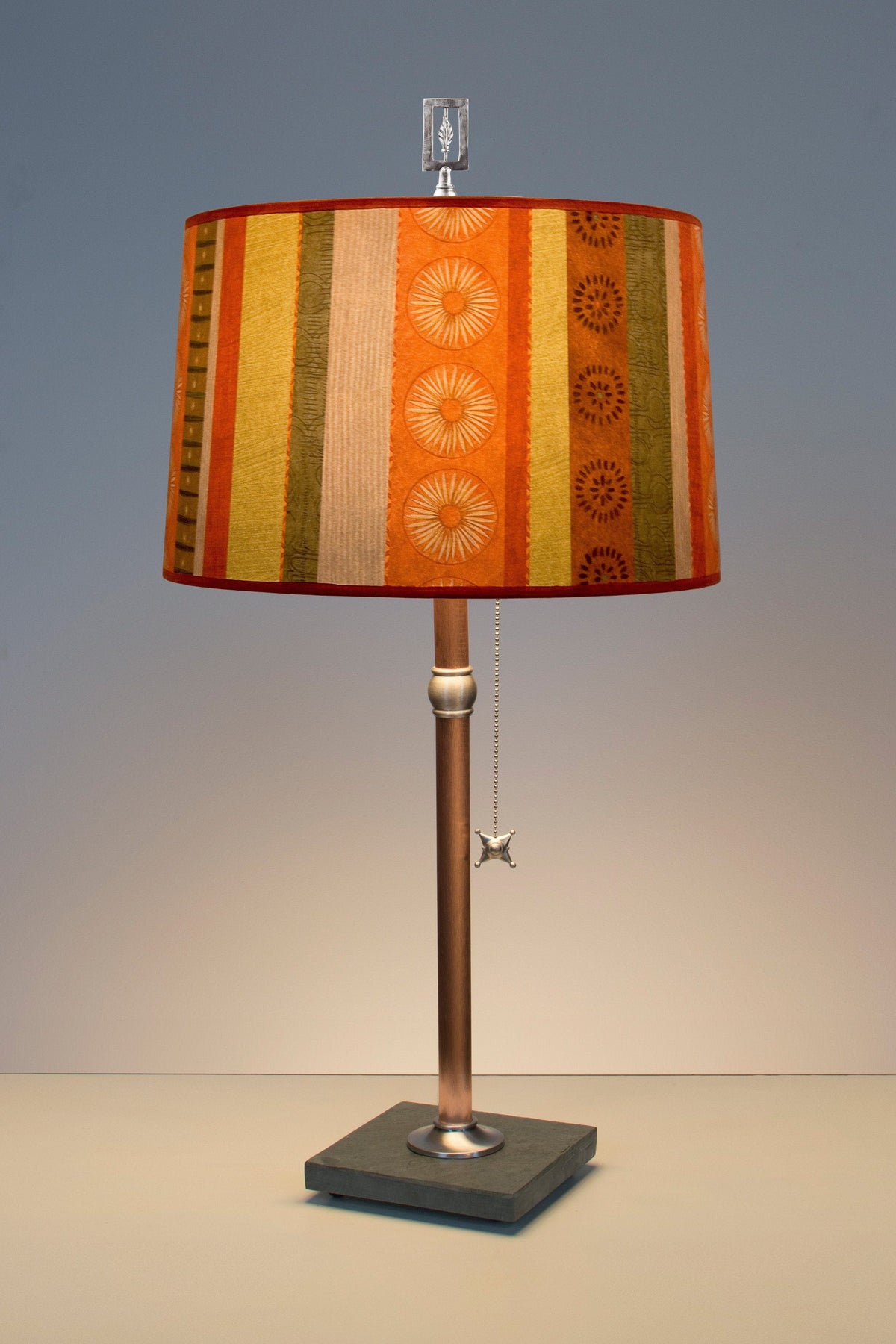 Copper Table Lamp with Large Drum Shade in Serape off