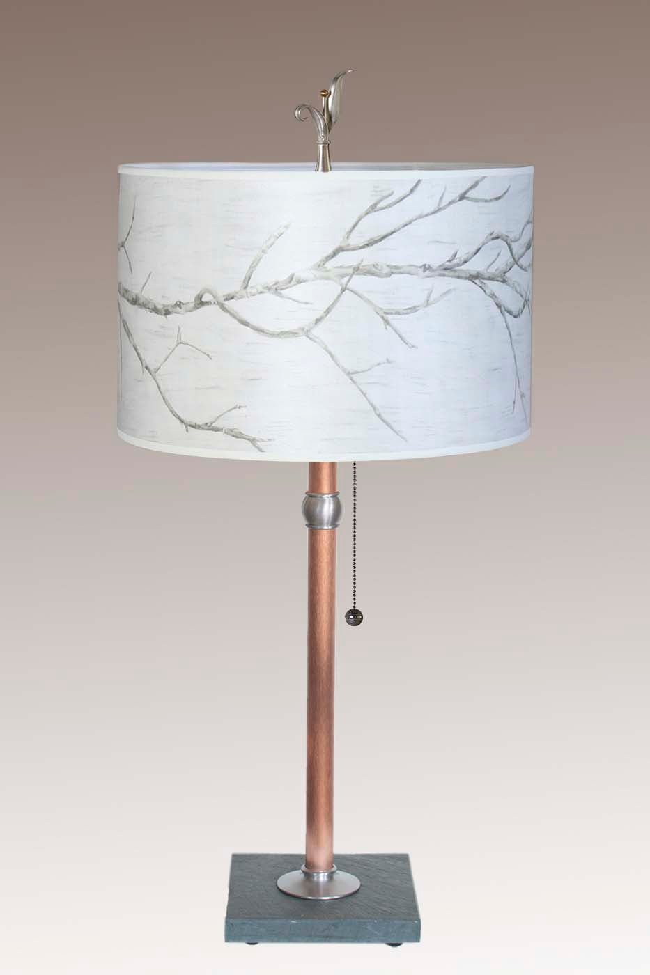 Copper Table Lamp with Large Drum Shade in Sweeping Branch