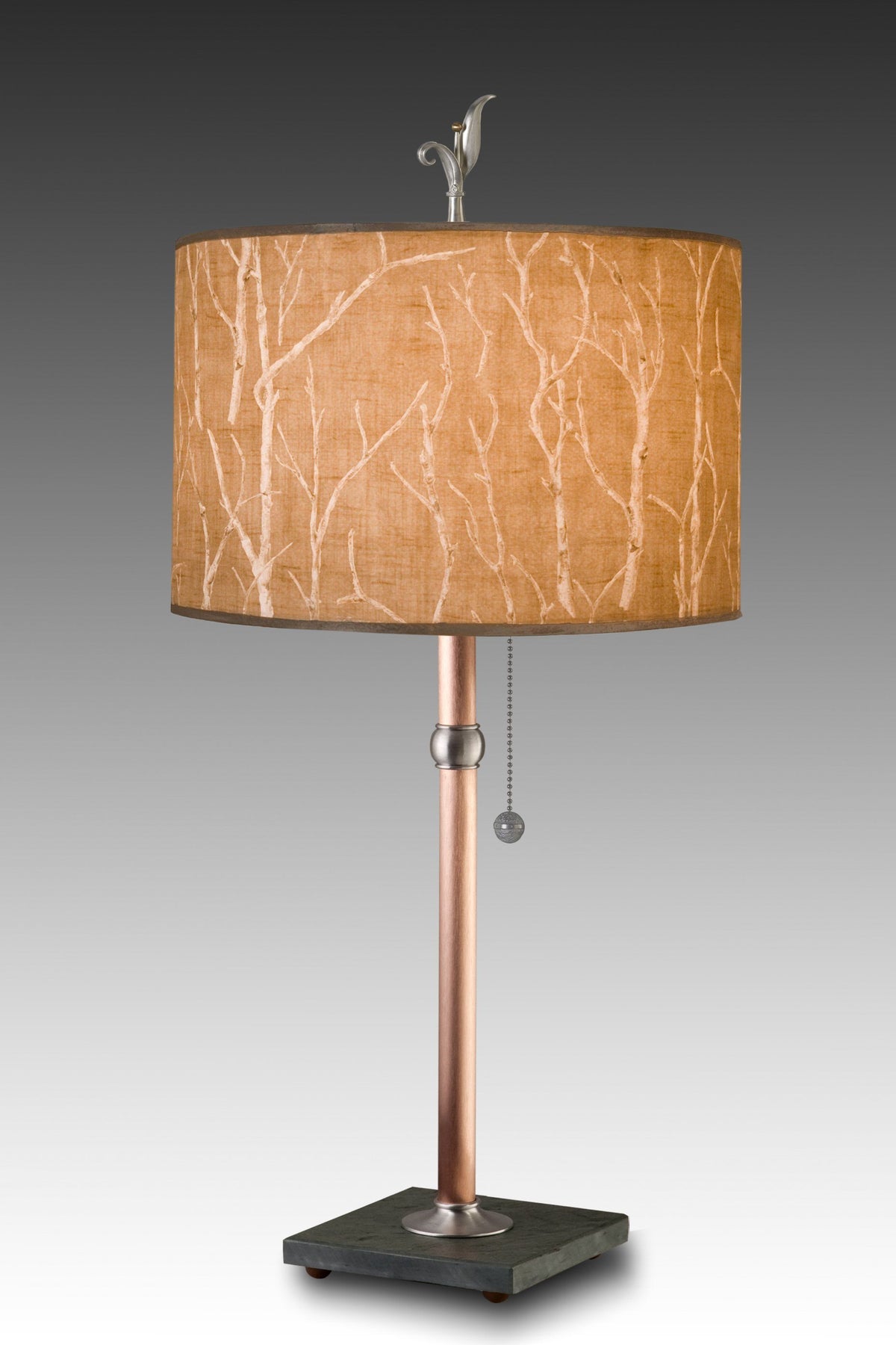 Copper Table Lamp with Large Drum Shade in Twigs