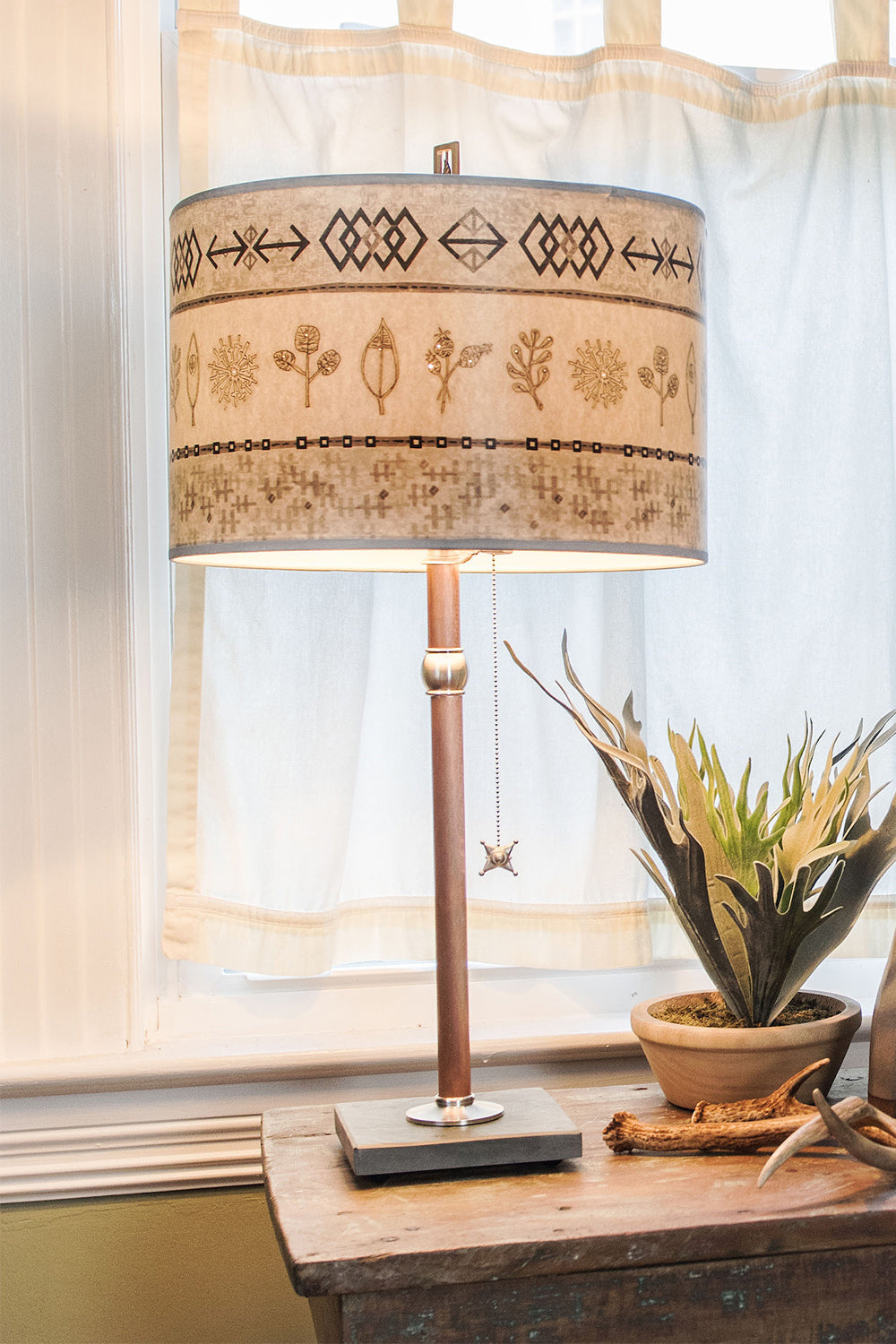 Copper Table Lamp with Large Drum Shade in Woven &amp; Sprig in Mist