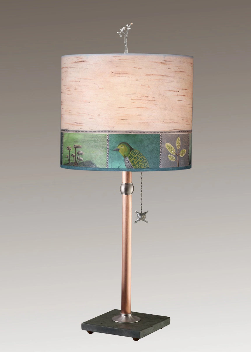 Copper Table Lamp with Large Oval Shade in Woodland Trail in Birch