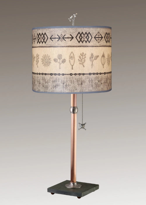 Copper Table Lamp with Large Oval Shade in Woven &amp; Sprig in Mist
