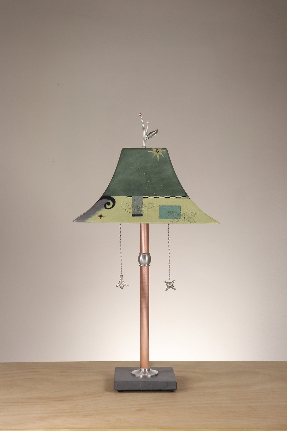 Janna Ugone &amp; Co Copper Table Lamp with Large Pagoda Ceramic Shade in British Border in Green