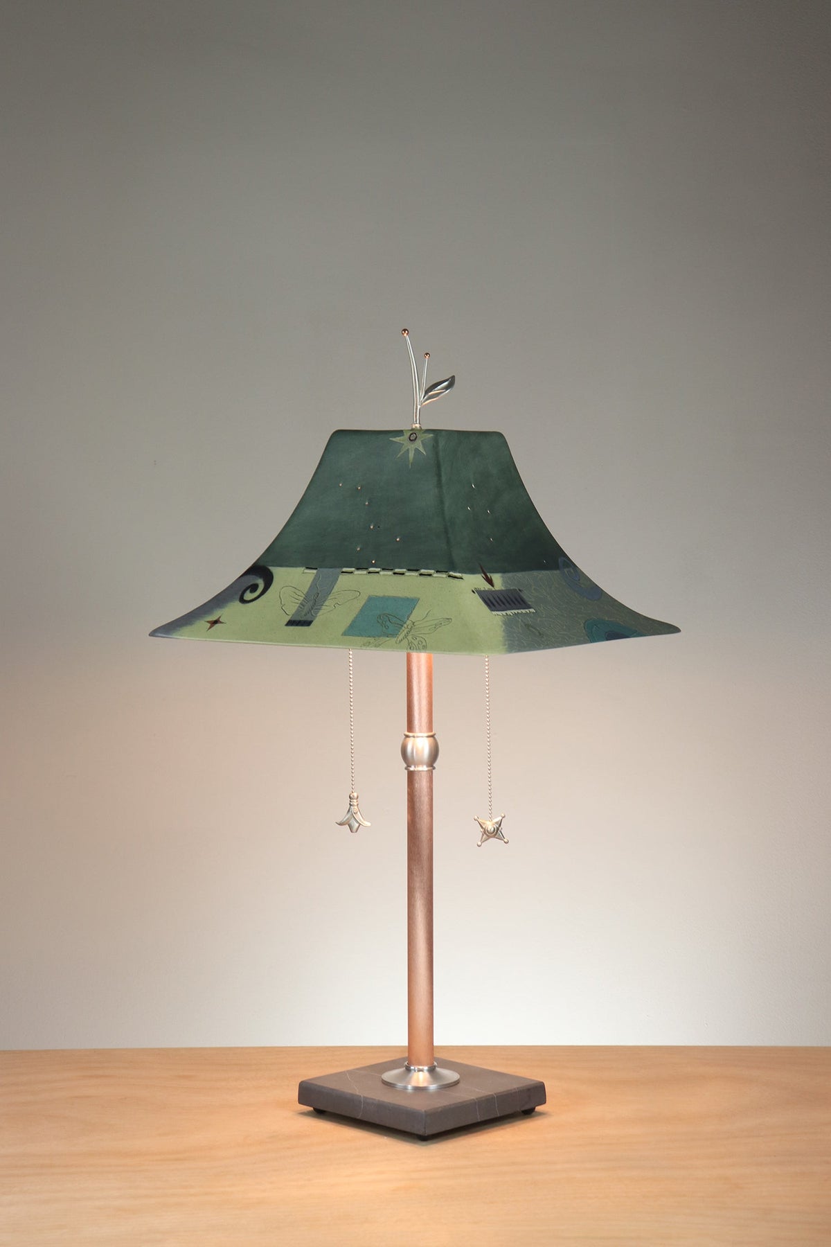 Janna Ugone &amp; Co Copper Table Lamp with Large Pagoda Ceramic Shade in British Border in Green