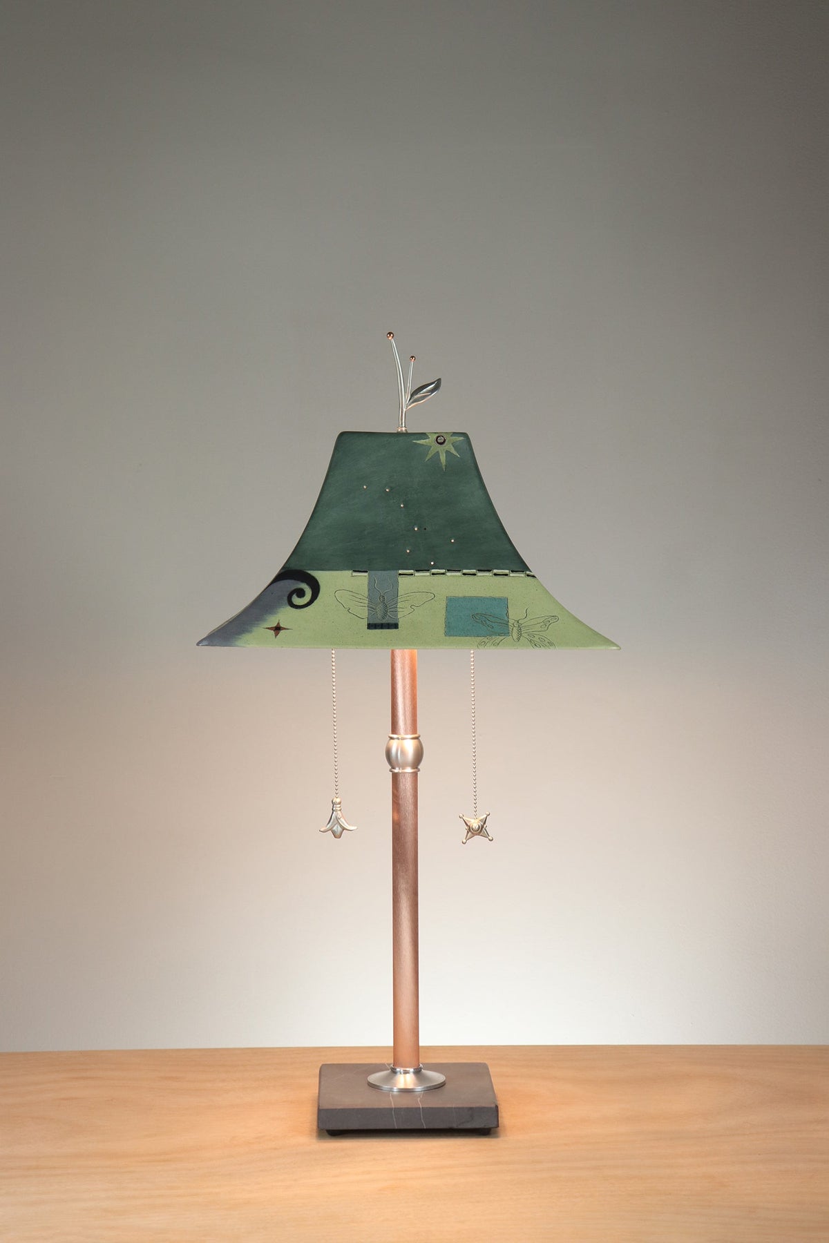 Janna Ugone &amp; Co Copper Table Lamp with Large Pagoda Ceramic Shade in British Border in Green
