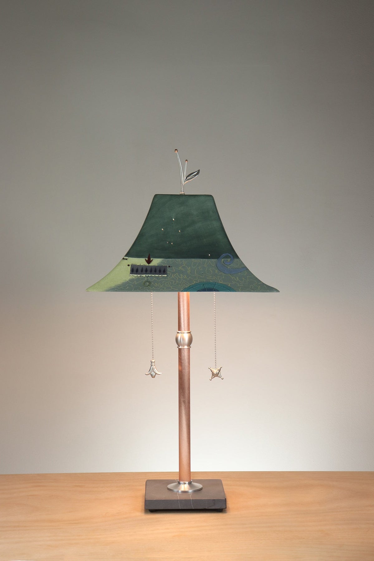 Janna Ugone &amp; Co Copper Table Lamp with Large Pagoda Ceramic Shade in British Border in Green
