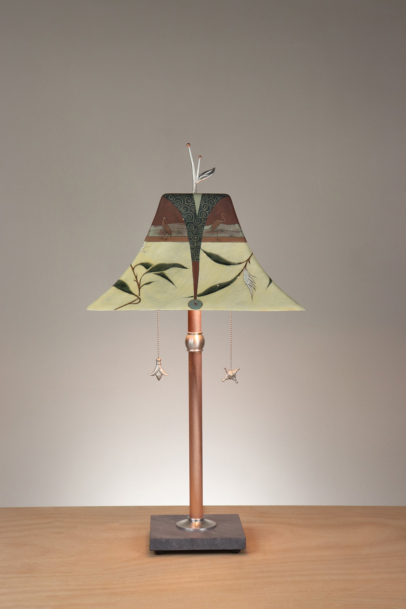 Janna Ugone & Co Floor Lamp Copper Table Lamp with Large Pagoda Ceramic Shade in Heron Grasses in Amber