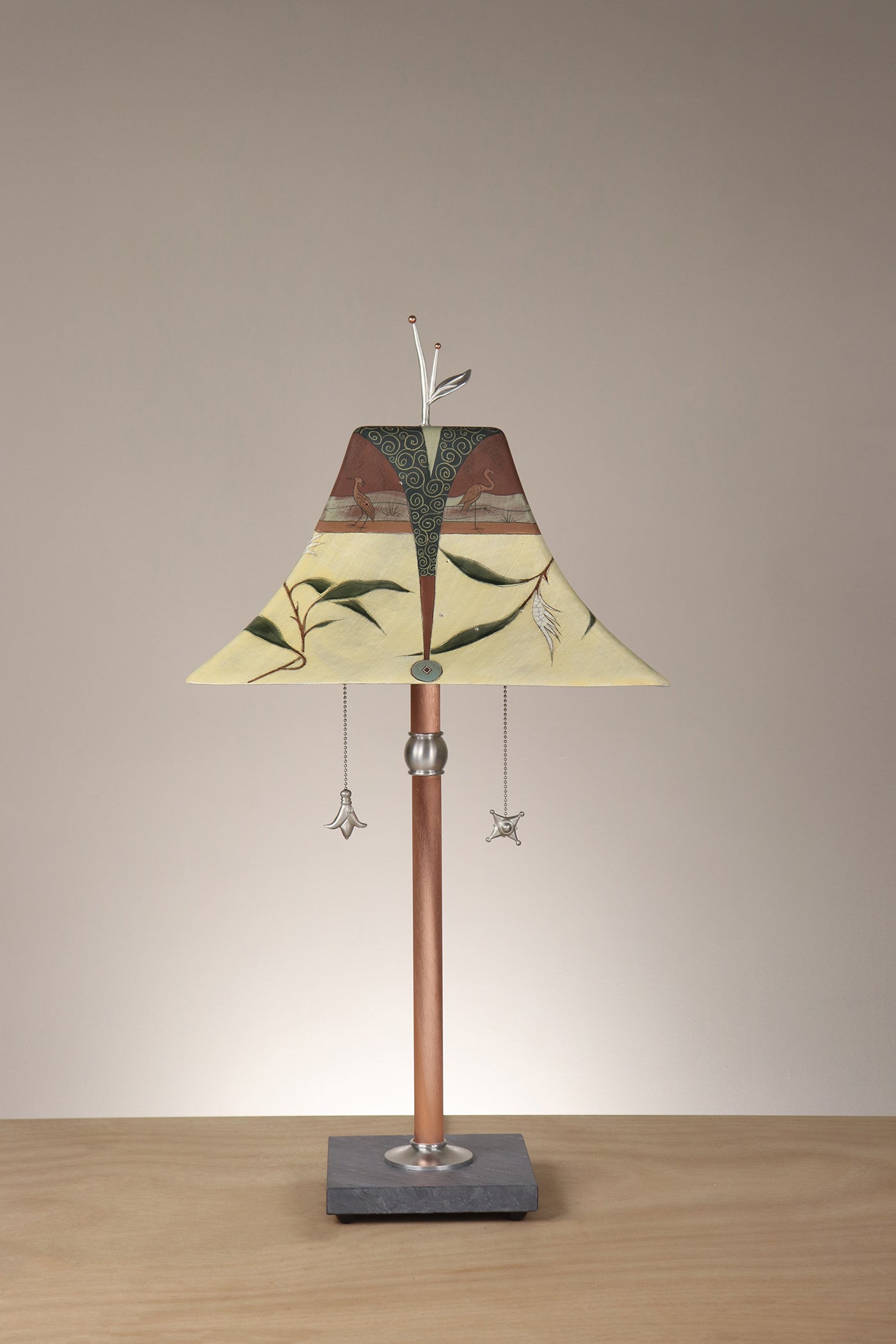 Janna Ugone & Co Floor Lamp Copper Table Lamp with Large Pagoda Ceramic Shade in Heron Grasses in Amber
