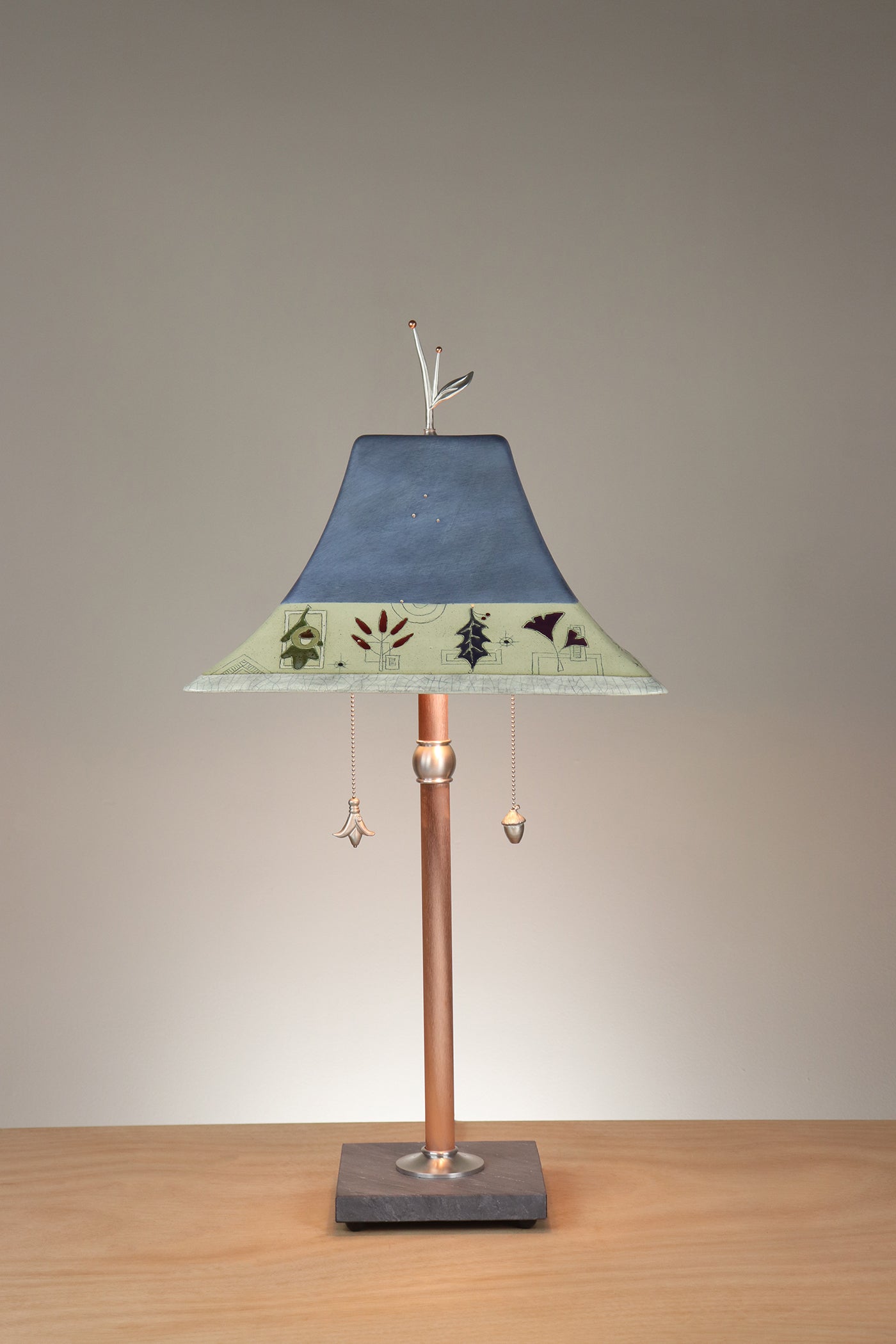 Janna Ugone & Co Floor Lamp Copper Table Lamp with Large Pagoda Ceramic Shade in Leaf Border in Larkspur