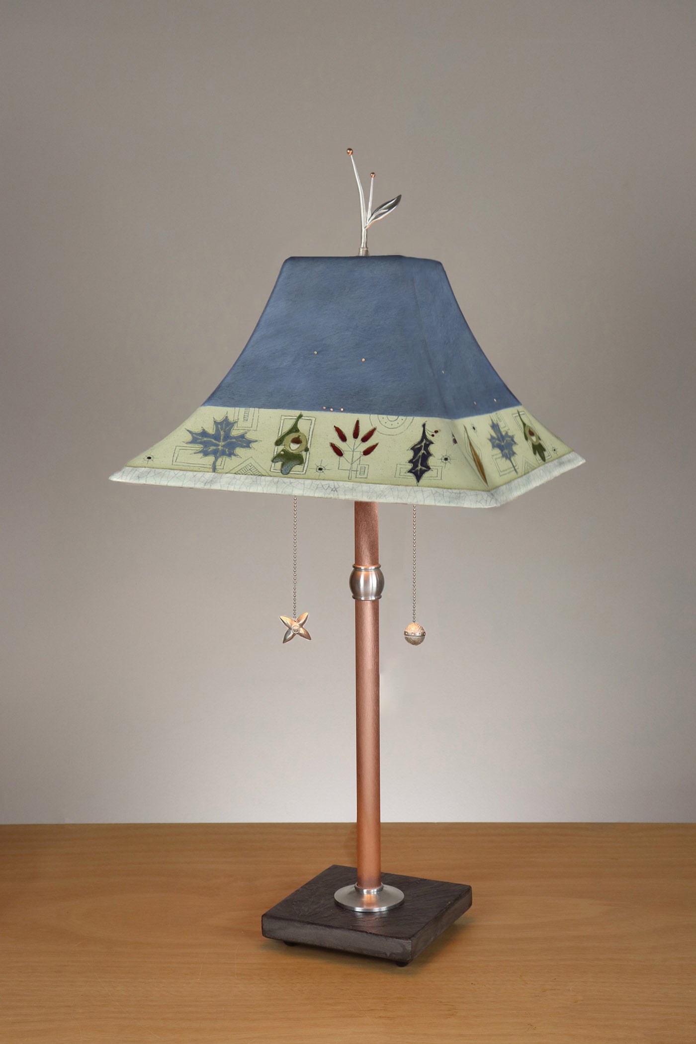 Janna Ugone & Co Floor Lamp Copper Table Lamp with Large Pagoda Ceramic Shade in Leaf Border in Larkspur