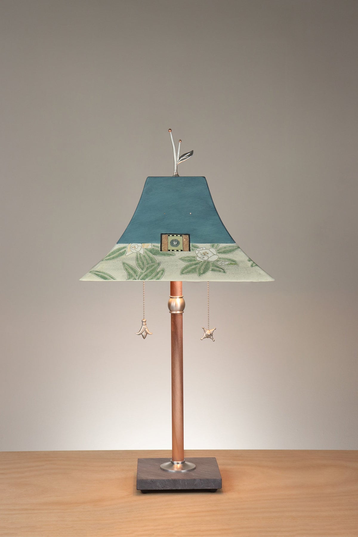 Janna Ugone &amp; Co Floor Lamp Copper Table Lamp with Large Pagoda Ceramic Shade in Magnolia in Light Teal