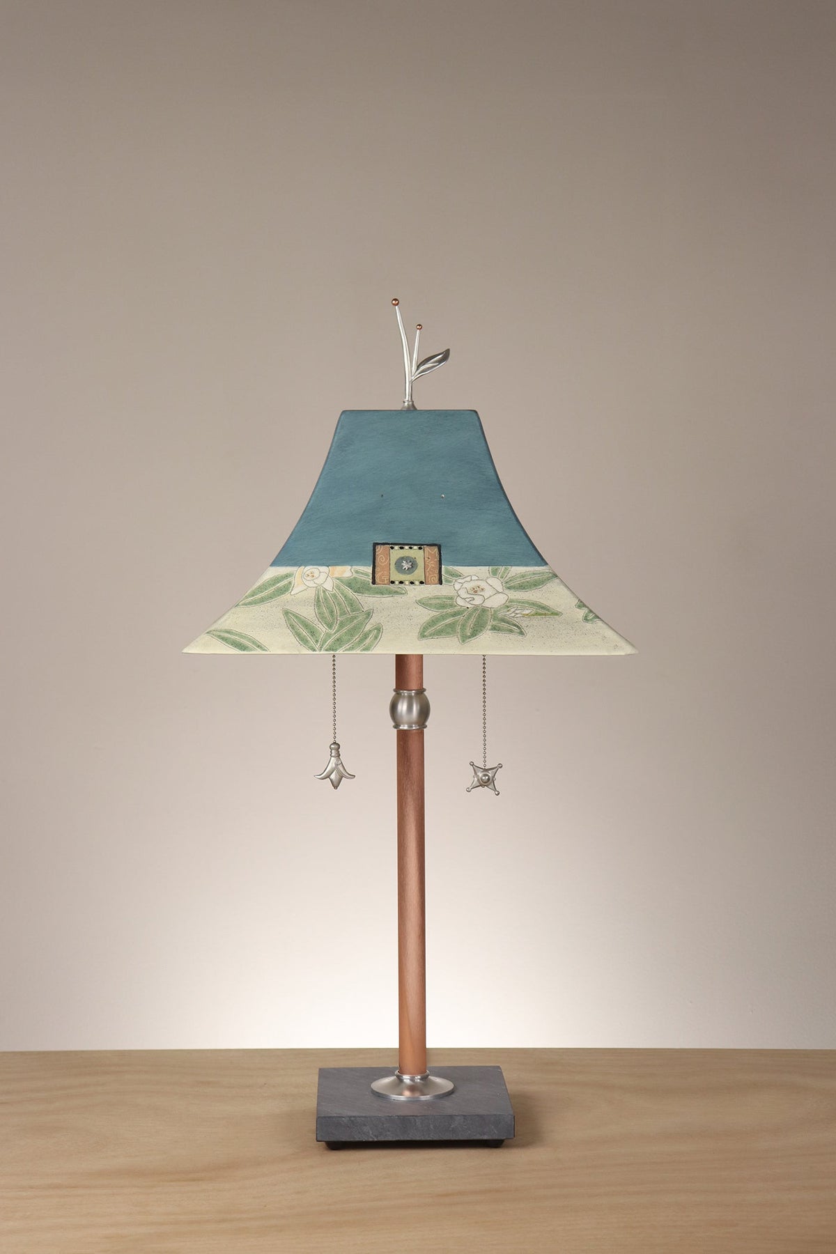 Janna Ugone &amp; Co Floor Lamp Copper Table Lamp with Large Pagoda Ceramic Shade in Magnolia in Light Teal