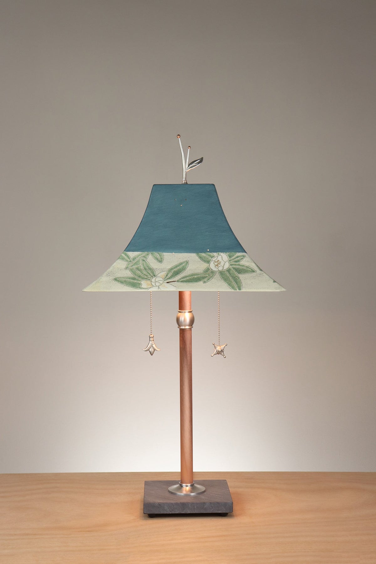 Janna Ugone &amp; Co Floor Lamp Copper Table Lamp with Large Pagoda Ceramic Shade in Magnolia in Light Teal