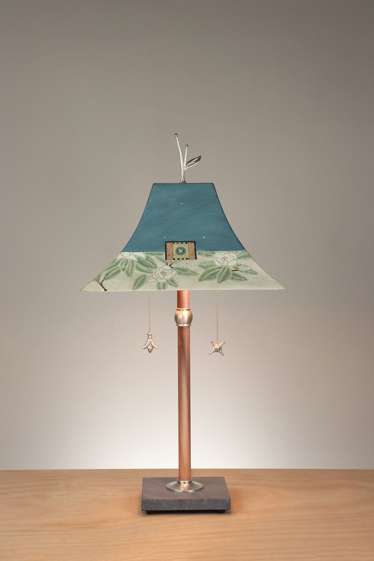 Janna Ugone &amp; Co Floor Lamp Copper Table Lamp with Large Pagoda Ceramic Shade in Magnolia in Light Teal