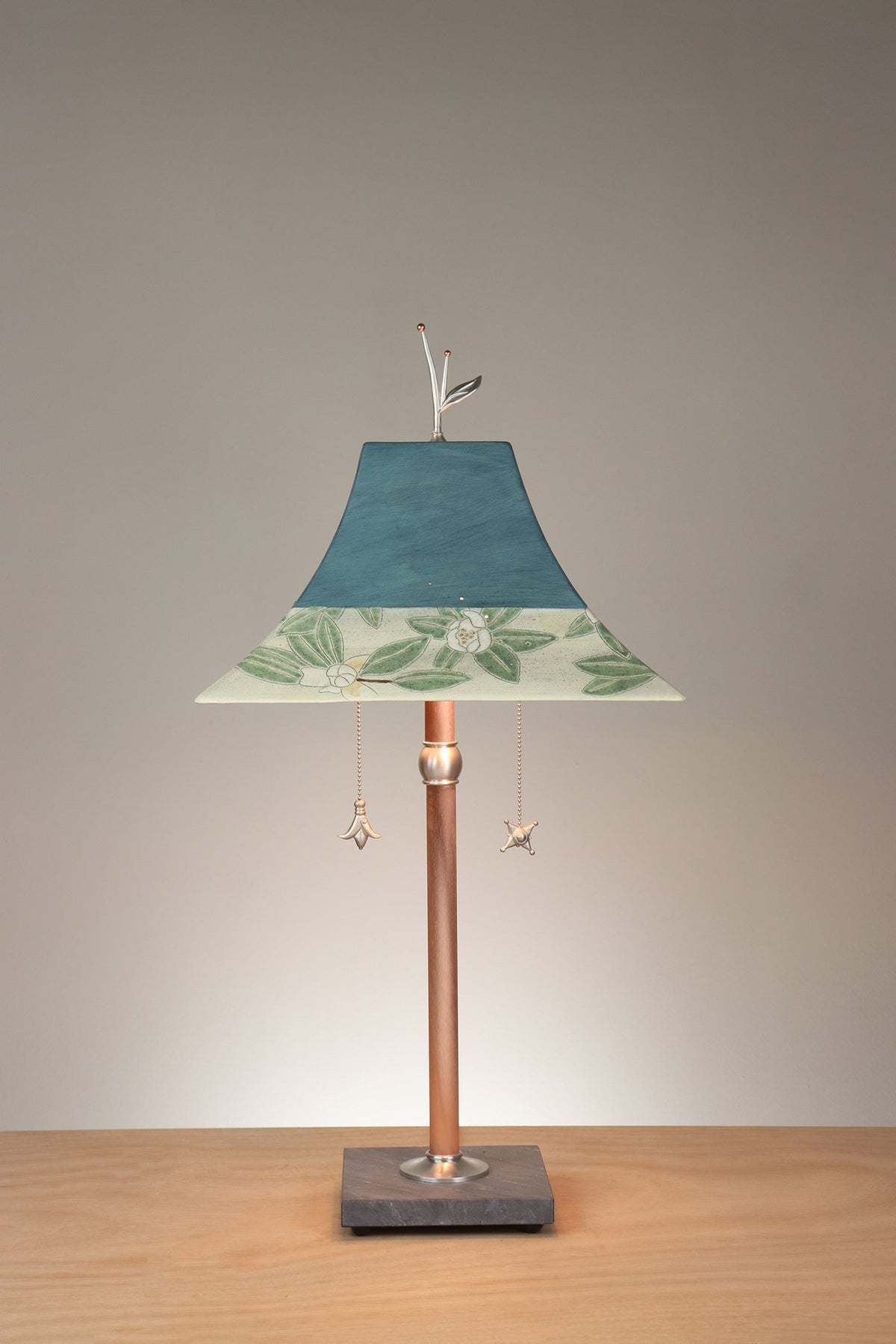 Janna Ugone &amp; Co Floor Lamp Copper Table Lamp with Large Pagoda Ceramic Shade in Magnolia in Light Teal