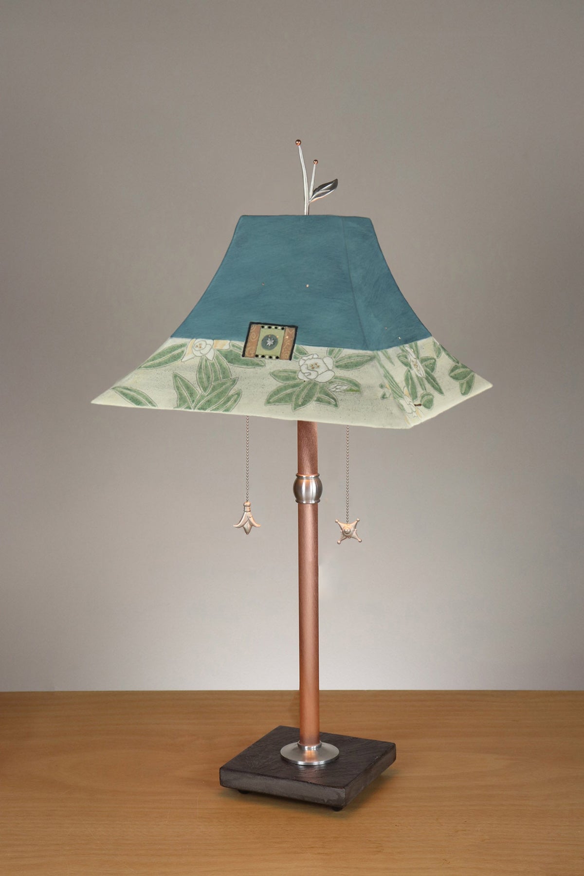 Janna Ugone &amp; Co Floor Lamp Copper Table Lamp with Large Pagoda Ceramic Shade in Magnolia in Light Teal