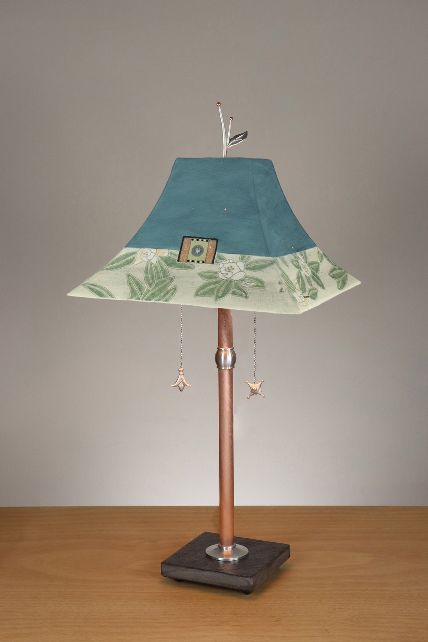 Janna Ugone & Co Floor Lamp Copper Table Lamp with Large Pagoda Ceramic Shade in Magnolia in Light Teal