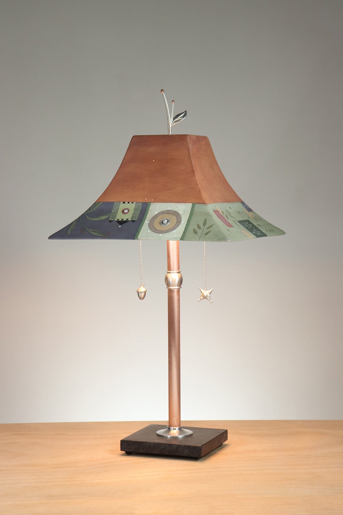 Janna Ugone &amp; Co Floor Lamp Copper Table Lamp with Large Pagoda Ceramic Shade in Norfolk Border in Spice