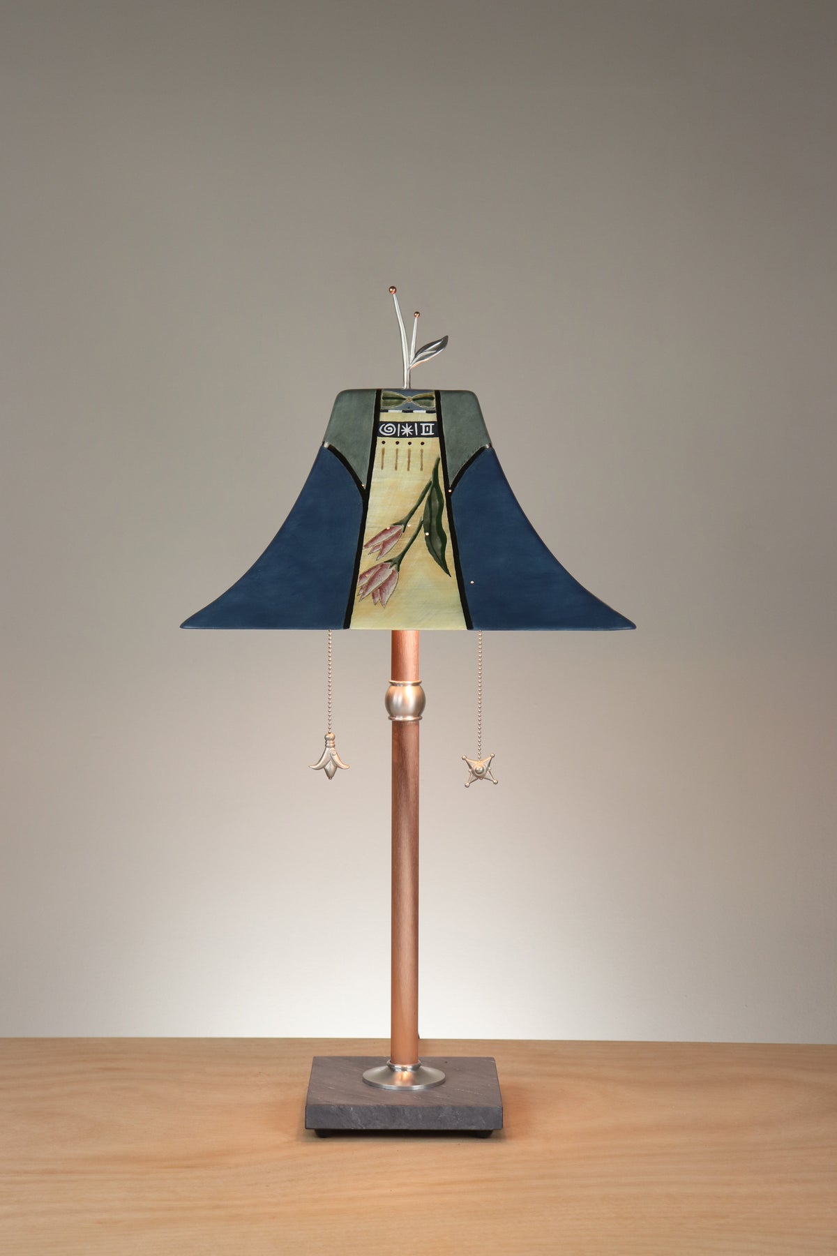 Janna Ugone &amp; Co Floor Lamp Copper Table Lamp with Large Pagoda Ceramic Shade in Perennial in Slate Blue