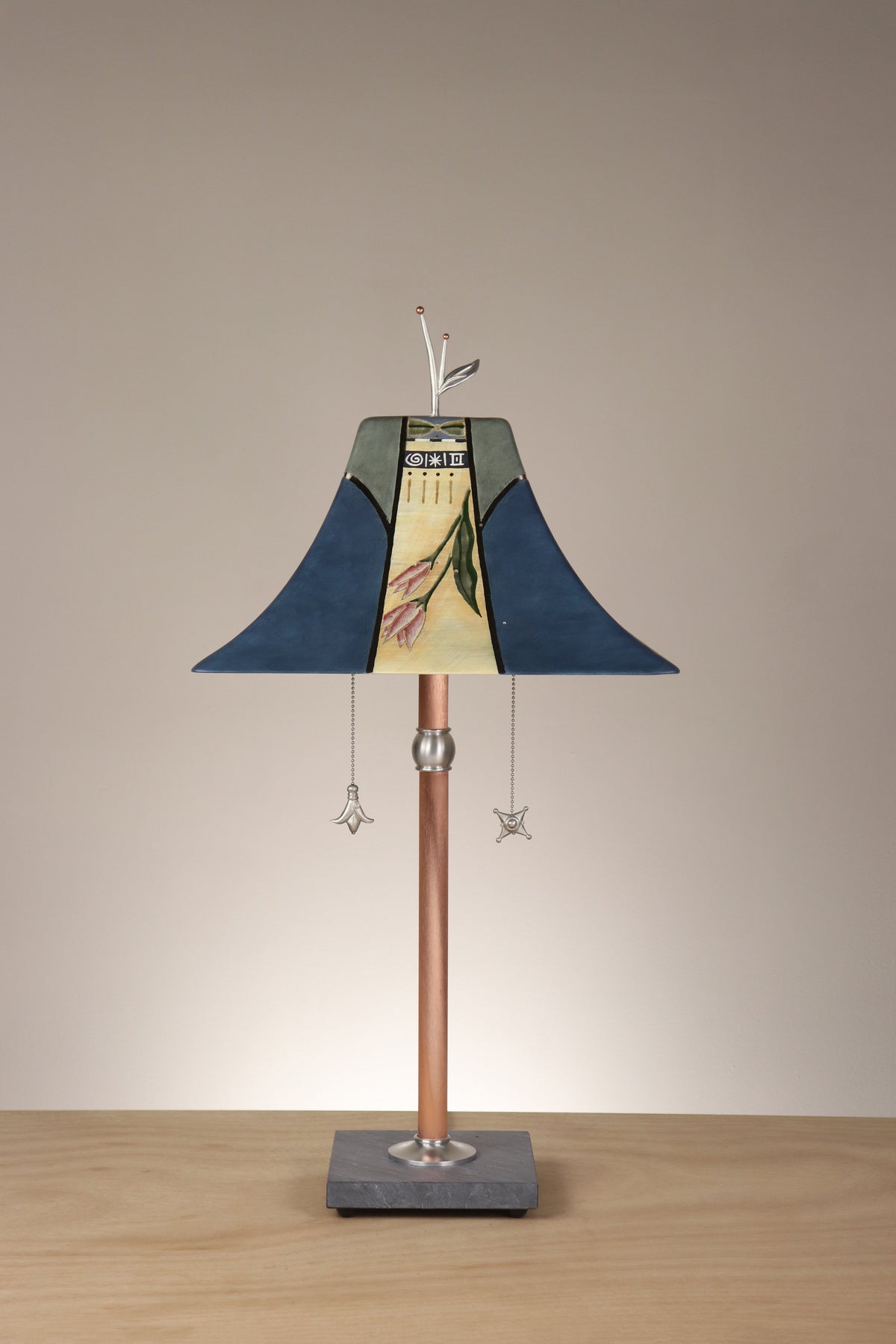 Janna Ugone &amp; Co Floor Lamp Copper Table Lamp with Large Pagoda Ceramic Shade in Perennial in Slate Blue