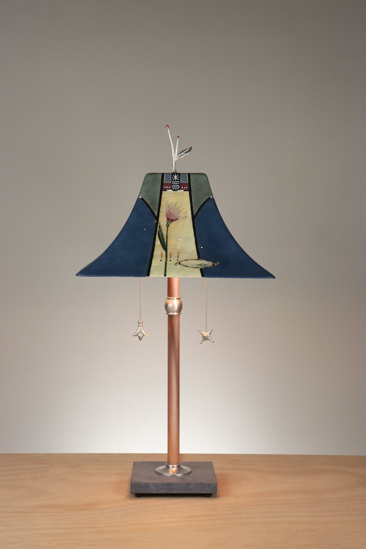 Janna Ugone &amp; Co Floor Lamp Copper Table Lamp with Large Pagoda Ceramic Shade in Perennial in Slate Blue