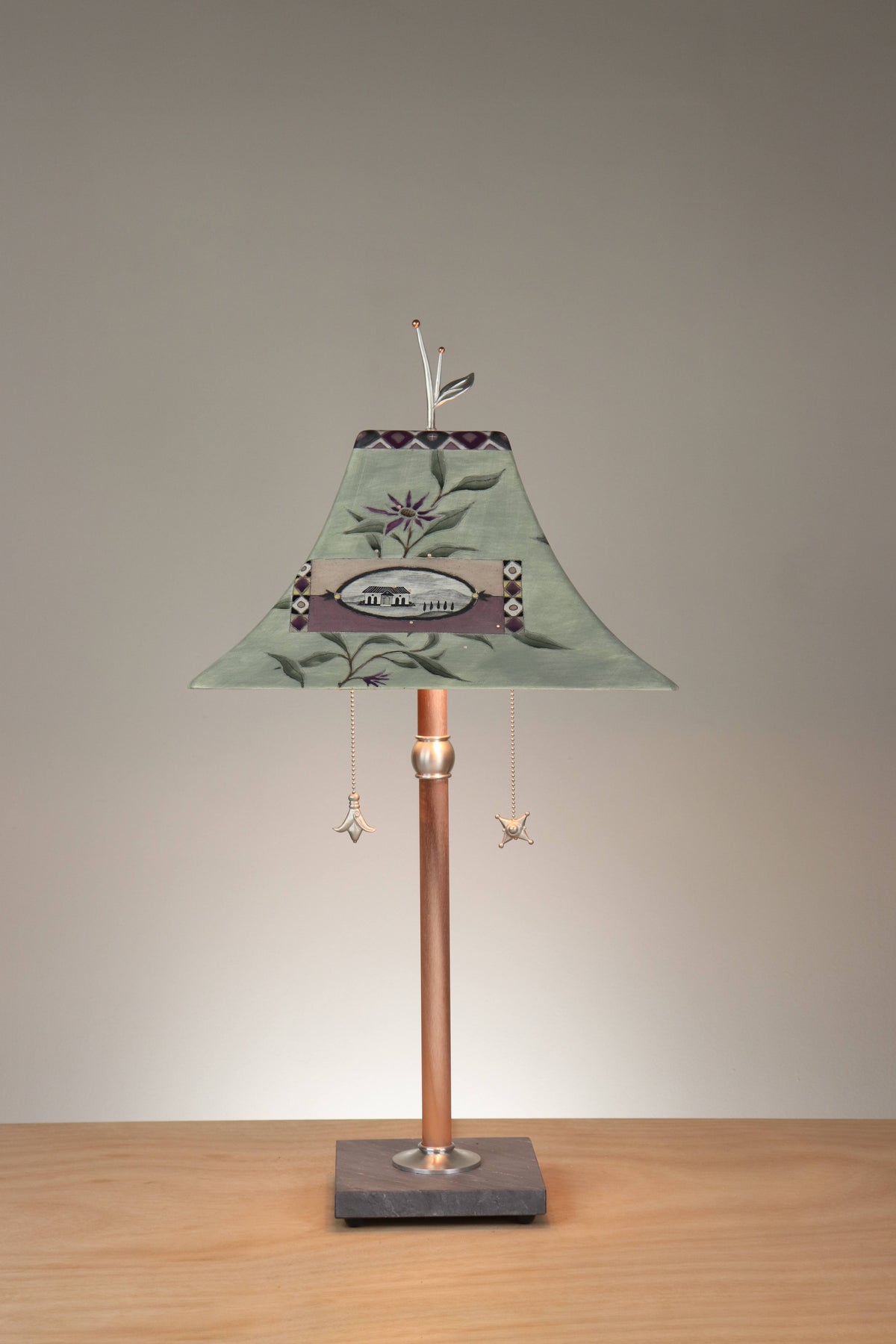 Janna Ugone &amp; Co Floor Lamp Copper Table Lamp with Large Pagoda Ceramic Shade in Photos in Asters and Sage