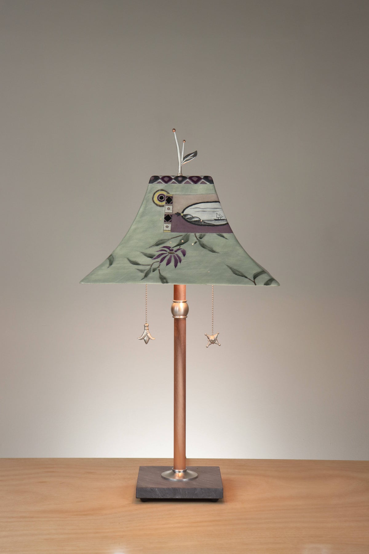 Janna Ugone &amp; Co Floor Lamp Copper Table Lamp with Large Pagoda Ceramic Shade in Photos in Asters and Sage