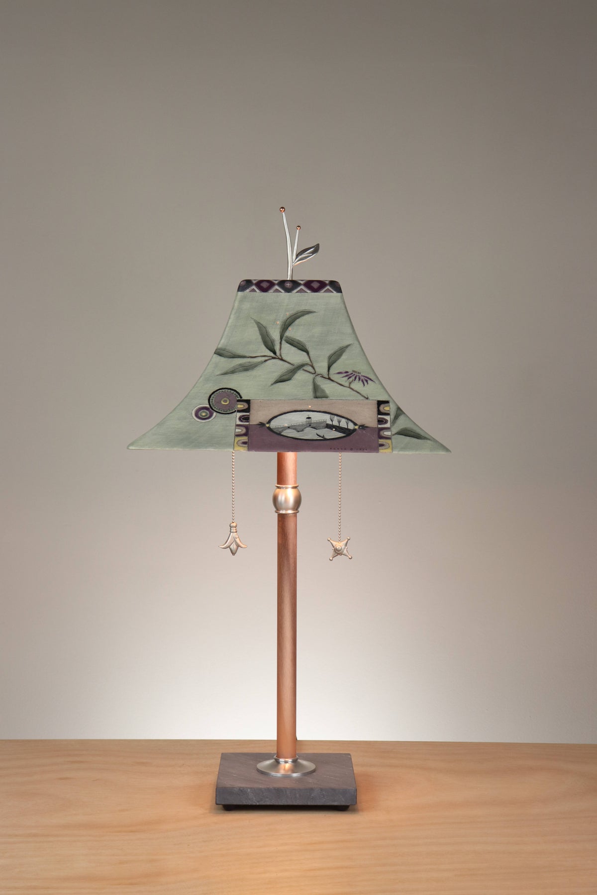 Janna Ugone &amp; Co Floor Lamp Copper Table Lamp with Large Pagoda Ceramic Shade in Photos in Asters and Sage