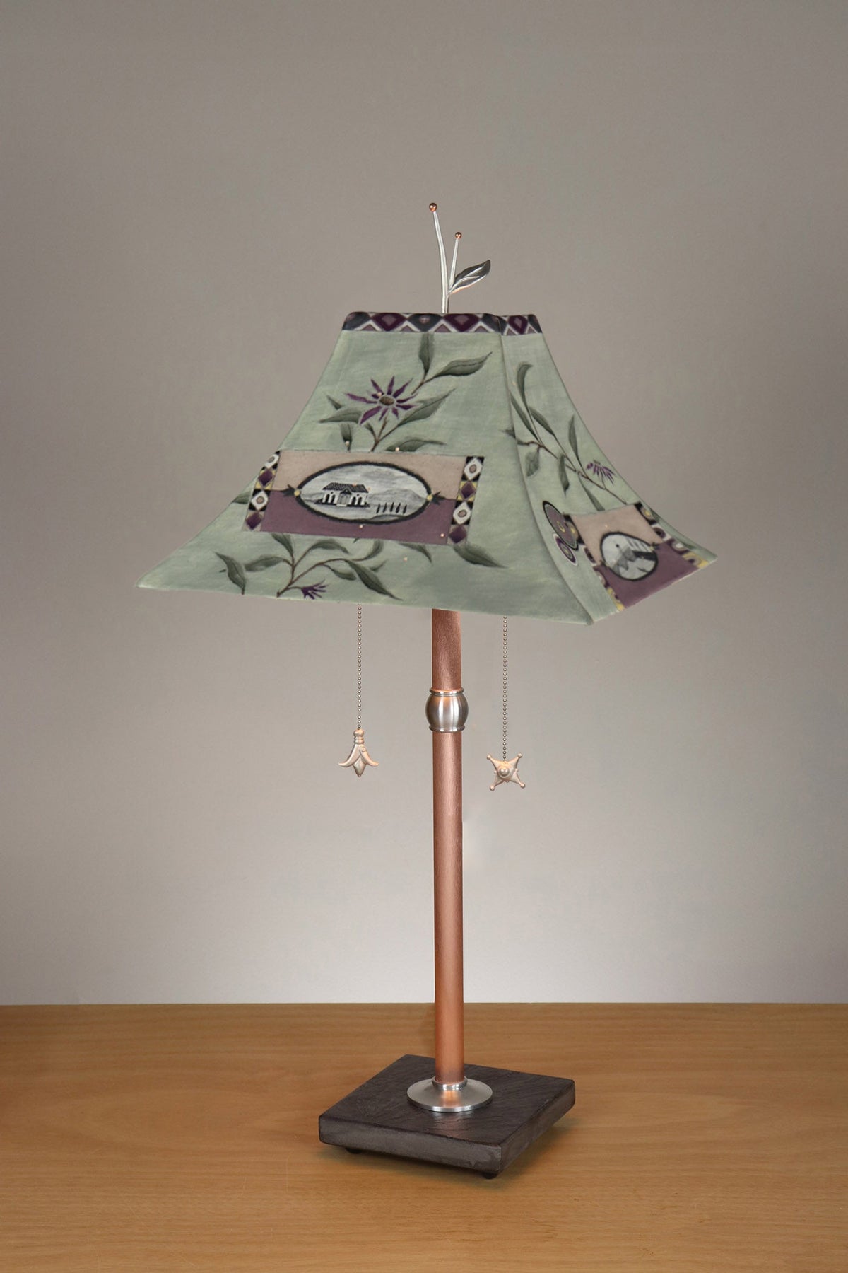 Janna Ugone &amp; Co Floor Lamp Copper Table Lamp with Large Pagoda Ceramic Shade in Photos in Asters and Sage