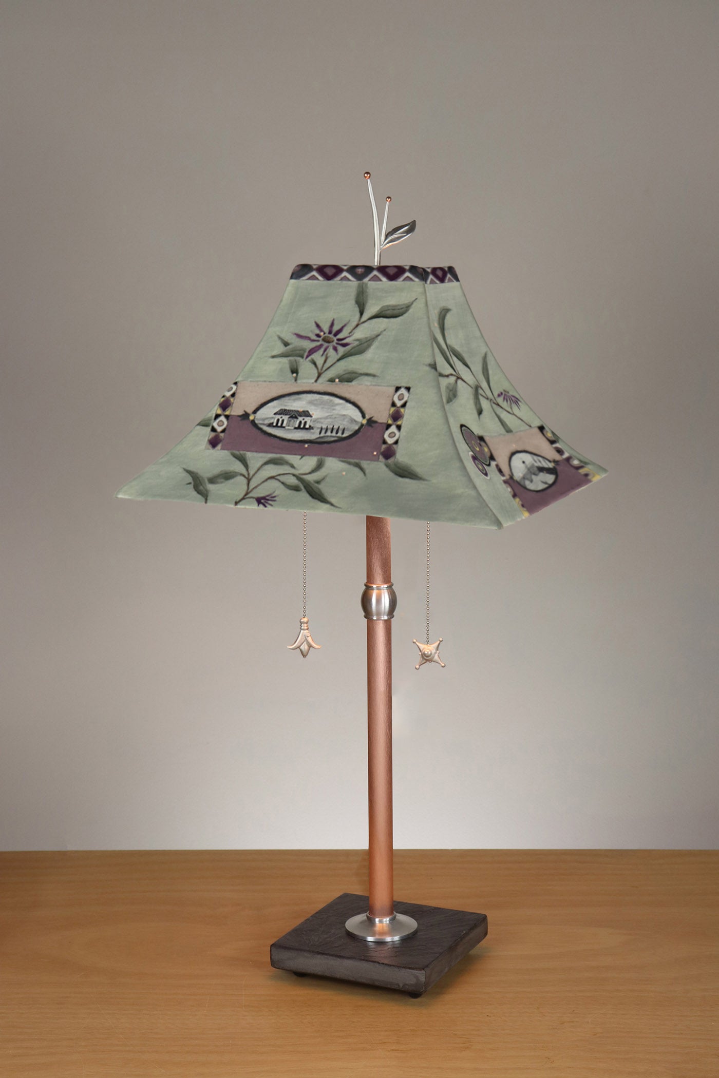 Janna Ugone & Co Floor Lamp Copper Table Lamp with Large Pagoda Ceramic Shade in Photos in Asters and Sage