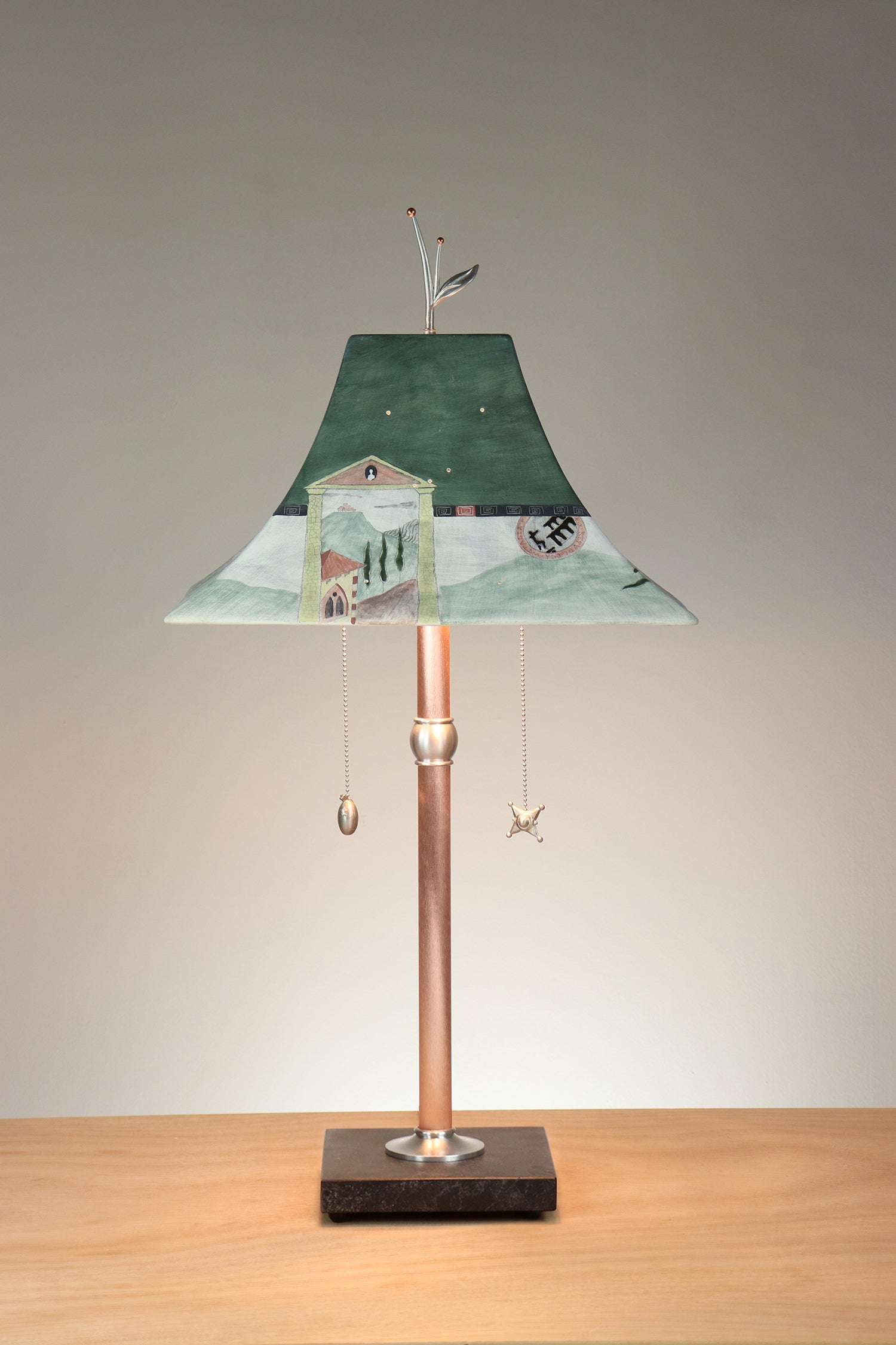 Janna Ugone & Co Floor Lamp Copper Table Lamp with Large Pagoda Ceramic Shade in Tuscany Border in Hunter