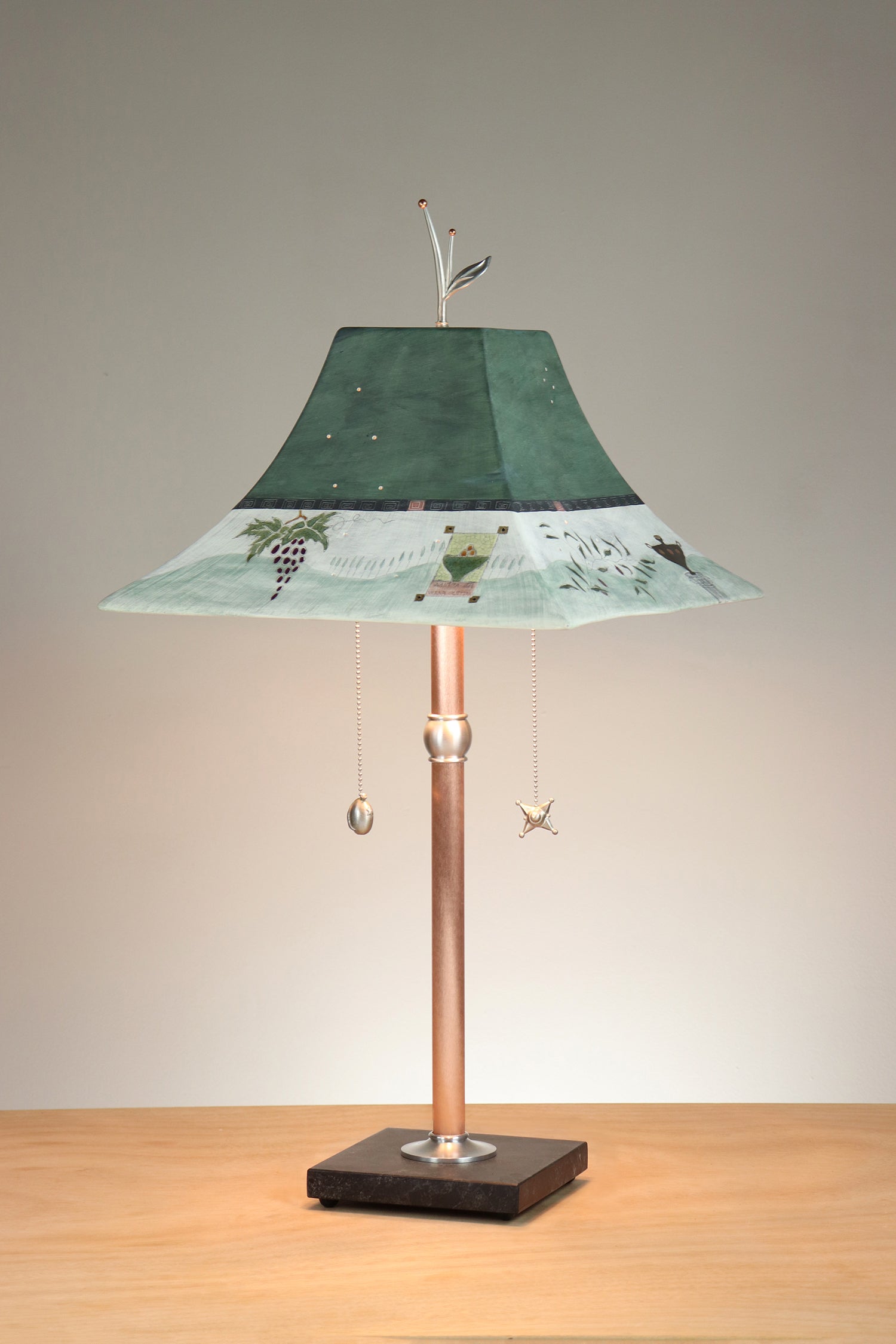 Janna Ugone & Co Floor Lamp Copper Table Lamp with Large Pagoda Ceramic Shade in Tuscany Border in Hunter