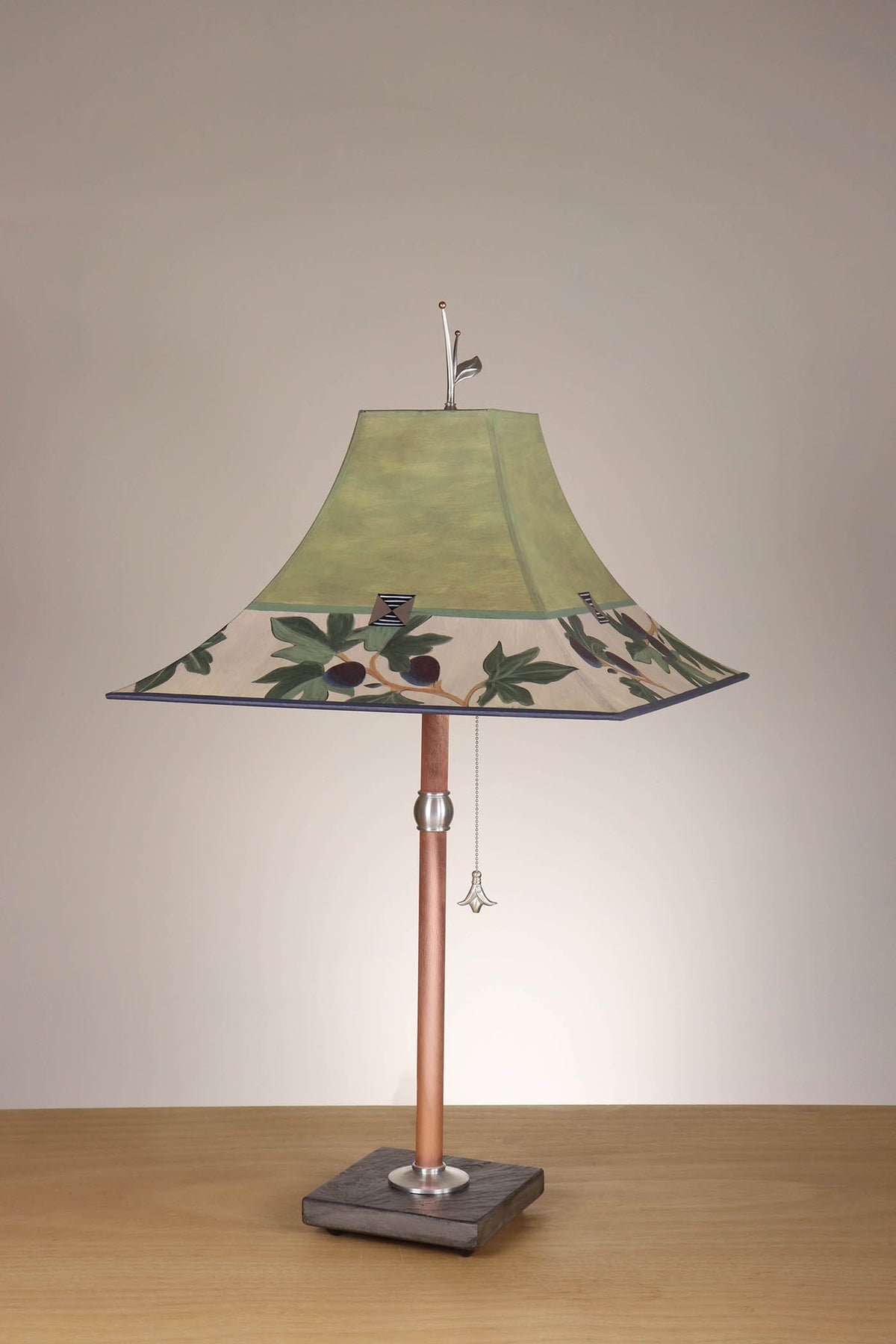 Janna Ugone &amp; Co Table Lamp Copper Table Lamp with Large Pagoda Shade in Fig Border in Dusty Lime