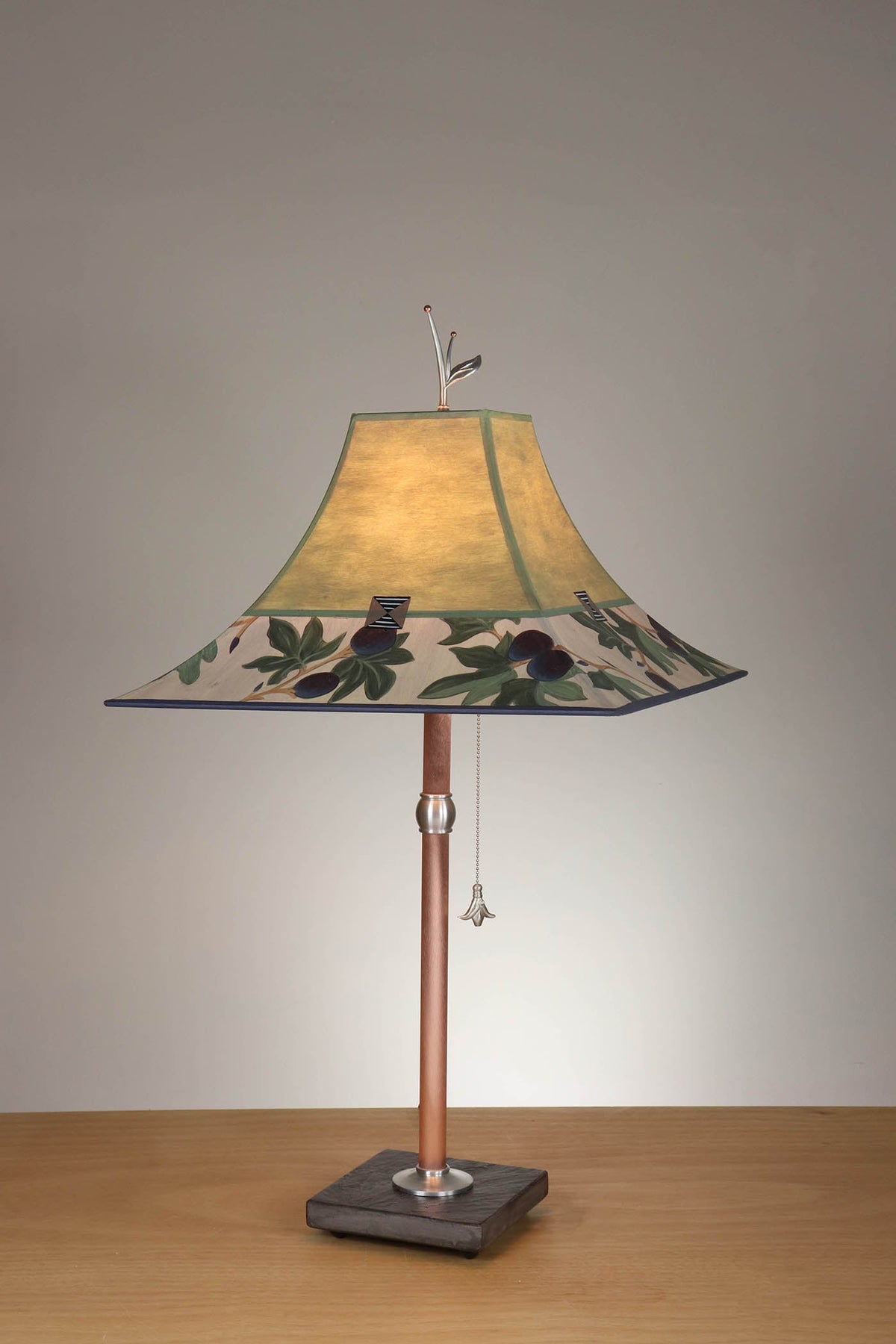 Janna Ugone &amp; Co Table Lamp Copper Table Lamp with Large Pagoda Shade in Fig Border in Dusty Lime