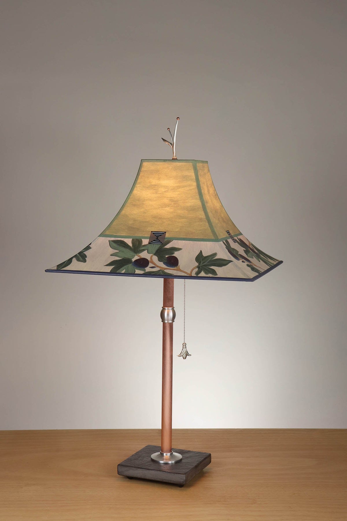 Janna Ugone &amp; Co Table Lamp Copper Table Lamp with Large Pagoda Shade in Fig Border in Dusty Lime