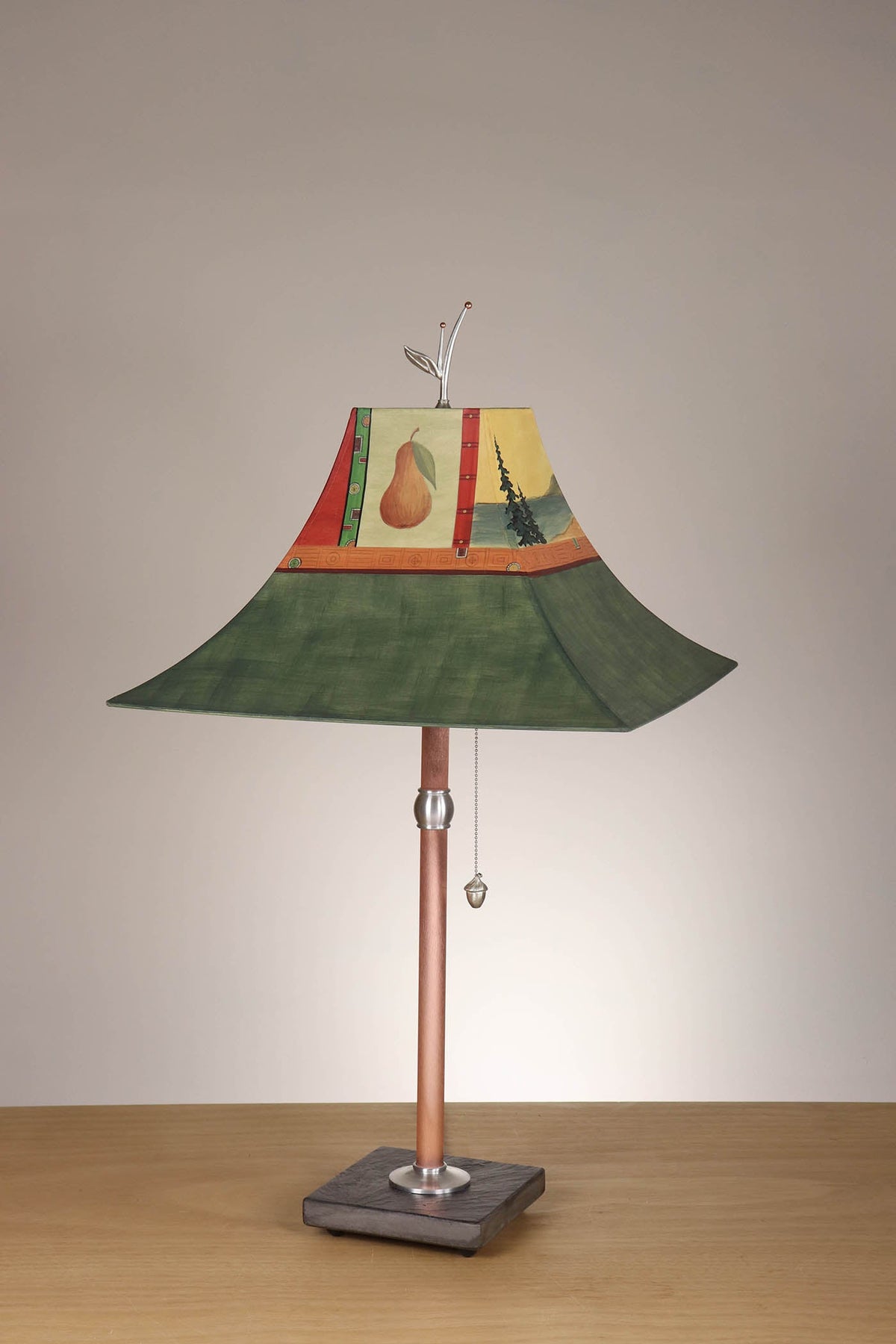 Janna Ugone &amp; Co Table Lamp Copper Table Lamp with Large Pagoda Shade in Pearl Lake in Forest Linen